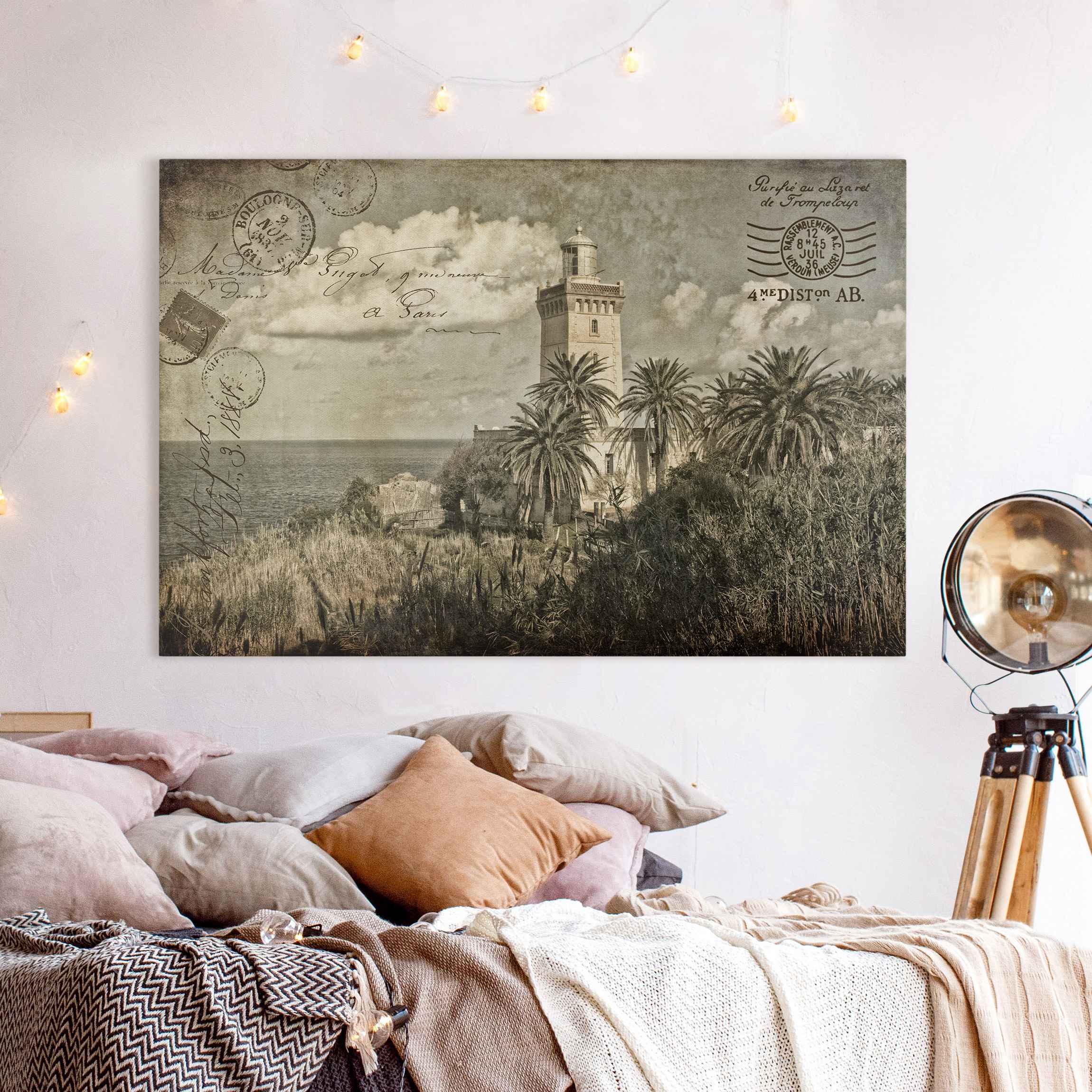 Leinwandbild Vintage Postkarte mit Leuchtturm und Palmen