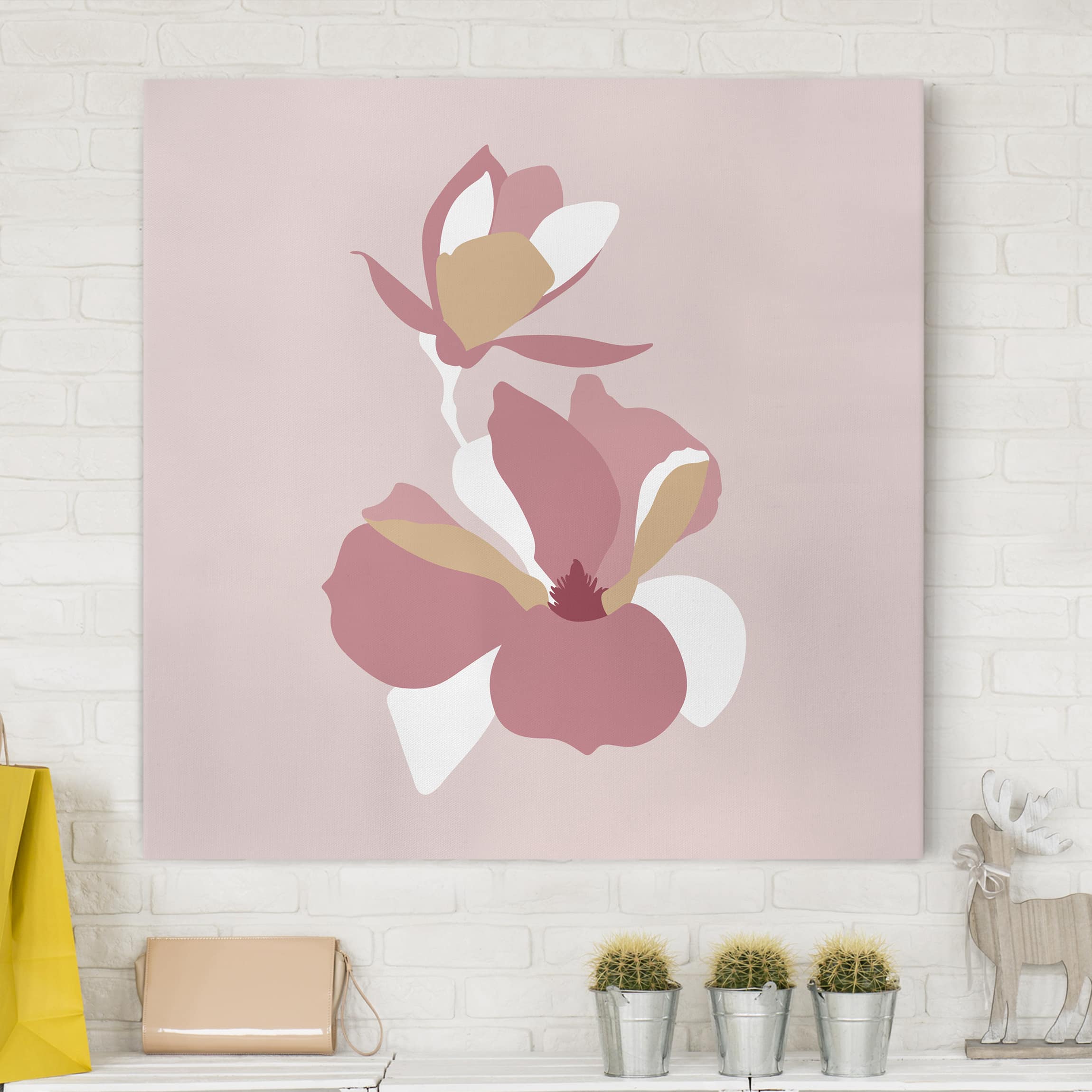 Leinwandbild - Quadrat Line Art Blüten Pastell Rosa