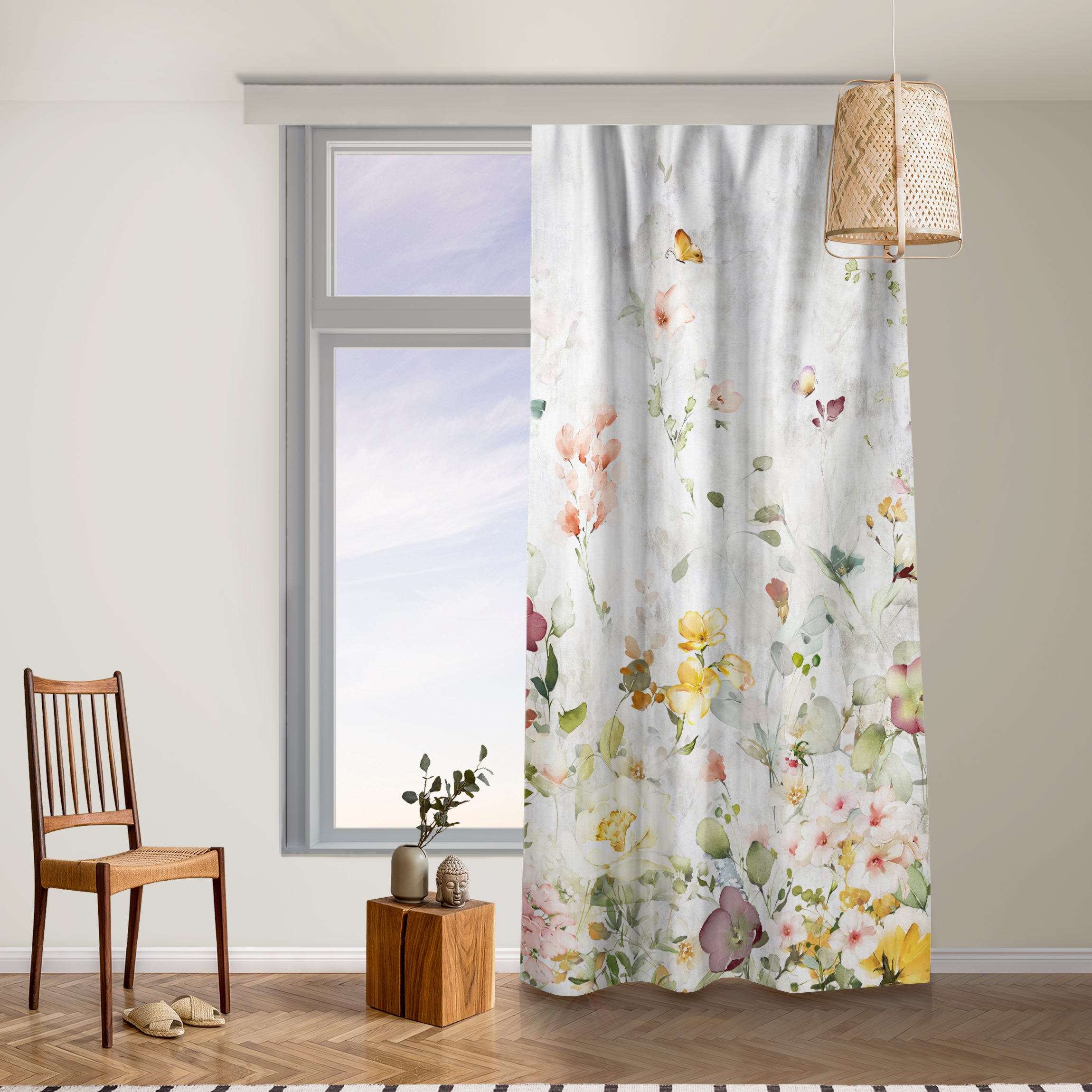 Vorhang Aquarell Blüten auf weißer Shabby Betonwand