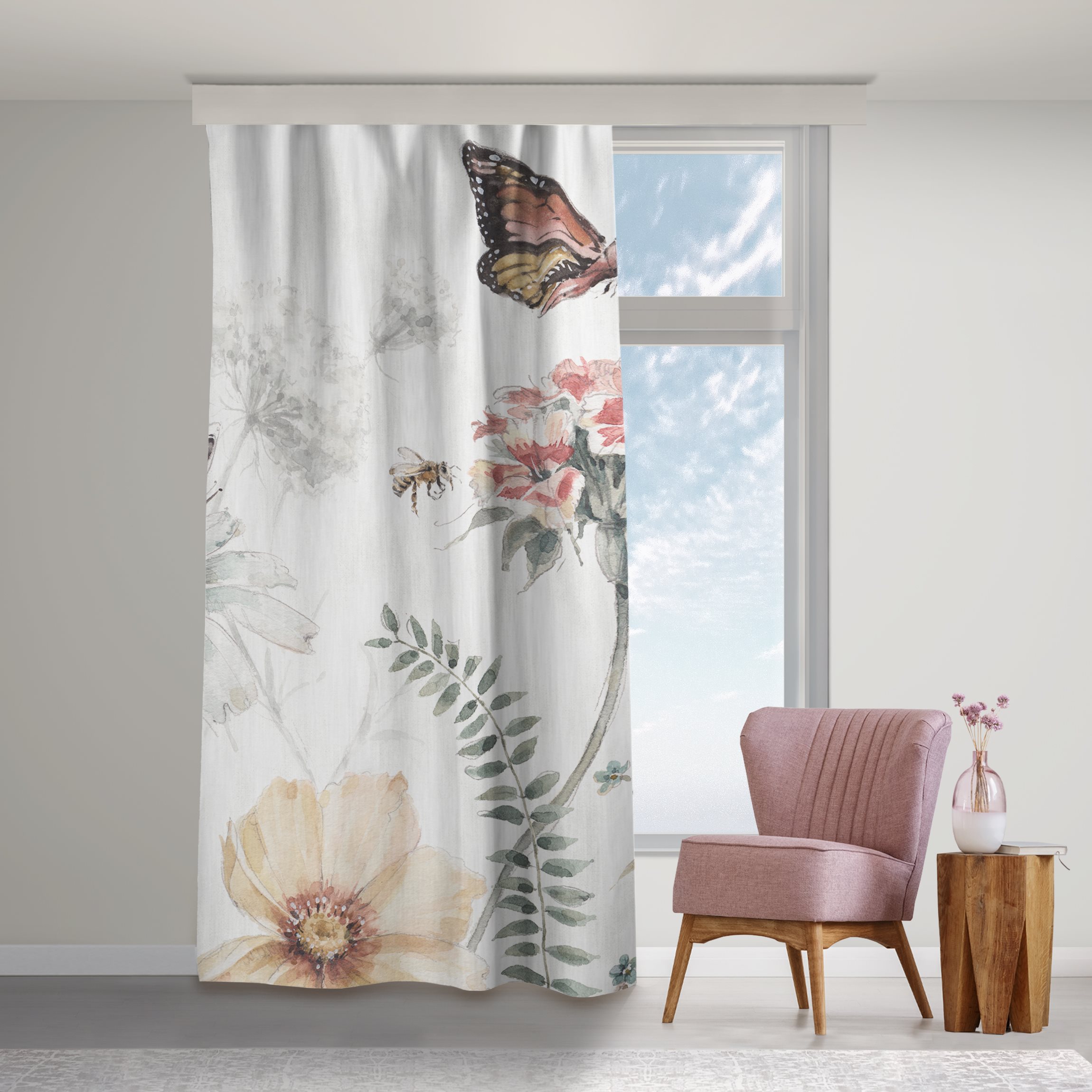 Vorhang Aquarell Blumenwiese mit Schmetterlingen