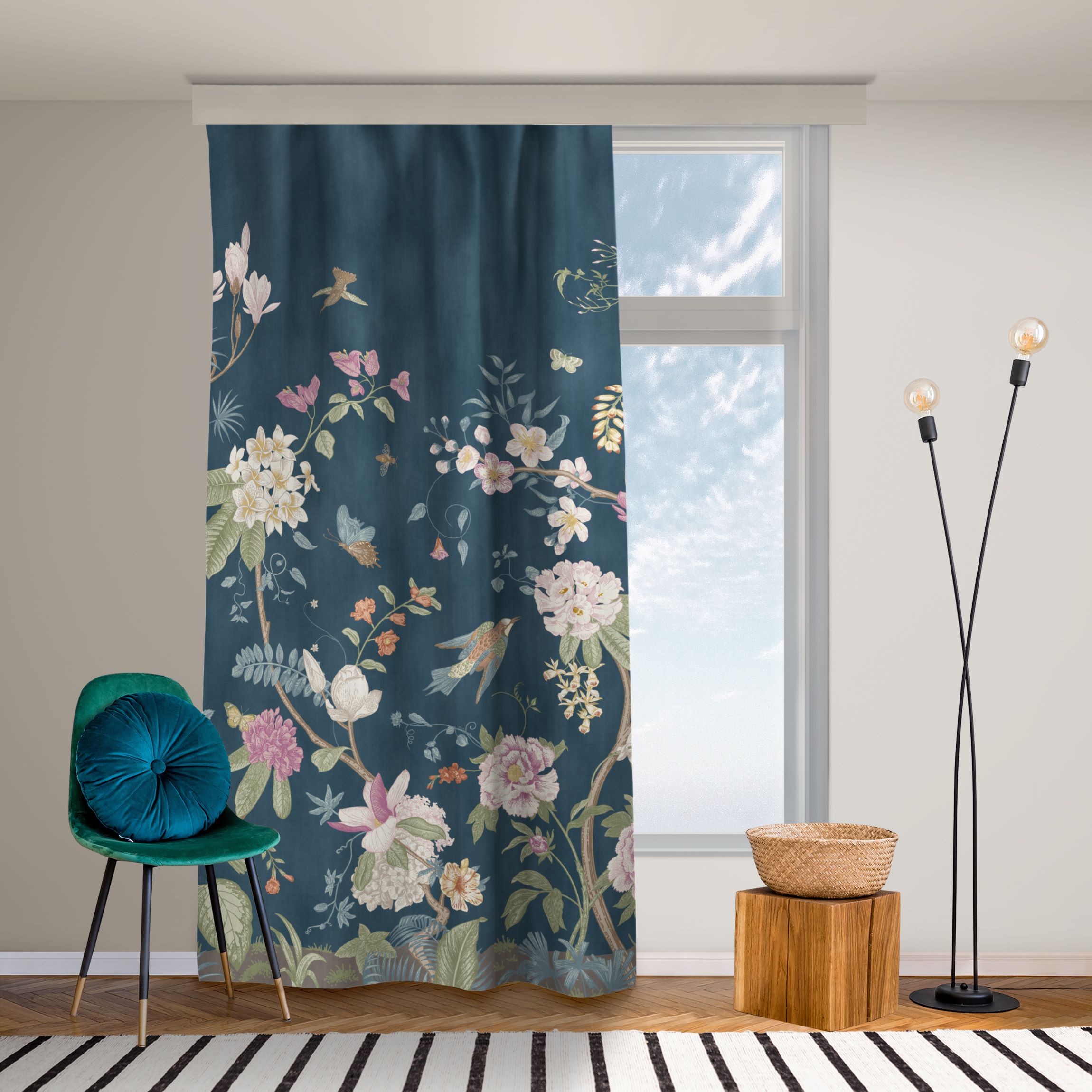 Vorhang Illustrierte Blumen Chinoiserie auf Dunkelblau