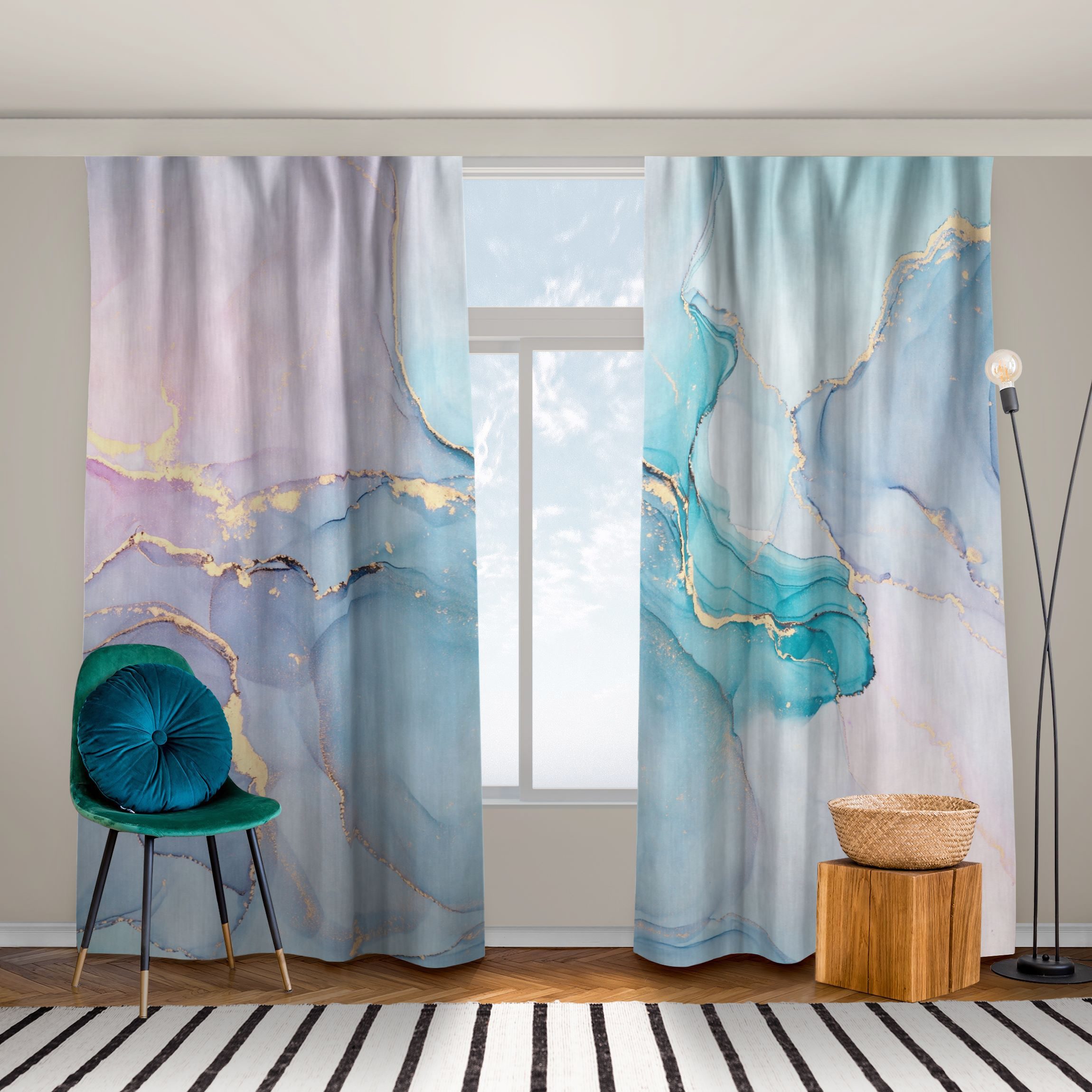 Vorhang Aquarell Pastell Türkis mit Gold