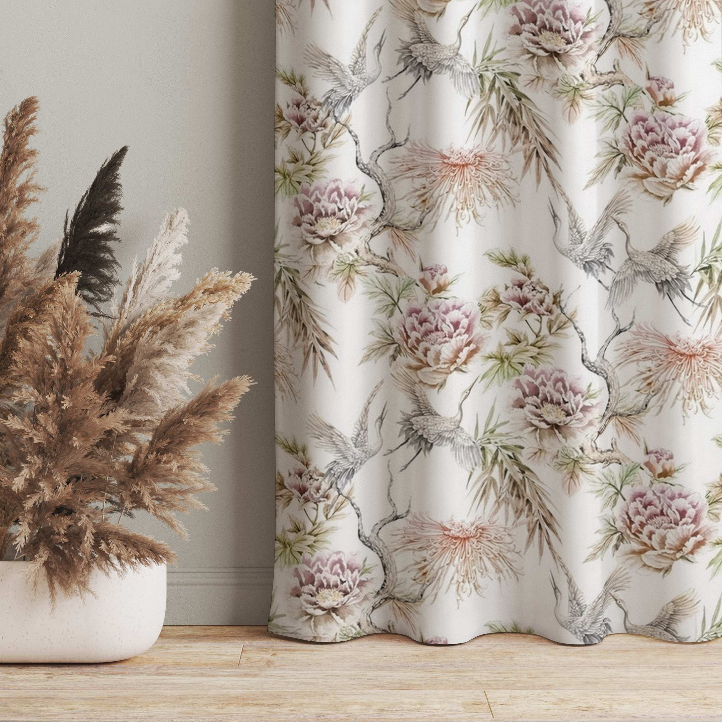 Vorhang Aquarell Vögel mit großen Blüten