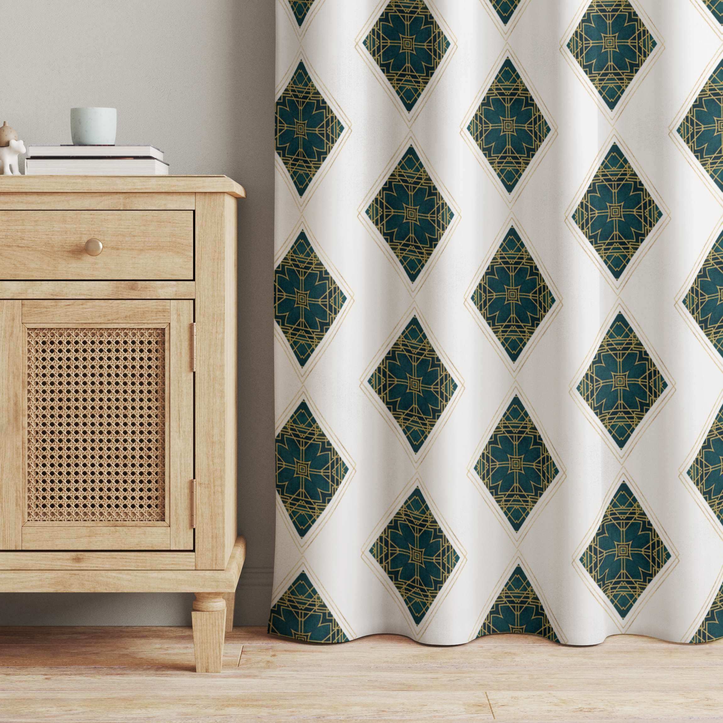 Vorhang Art Deco Weiß Blau