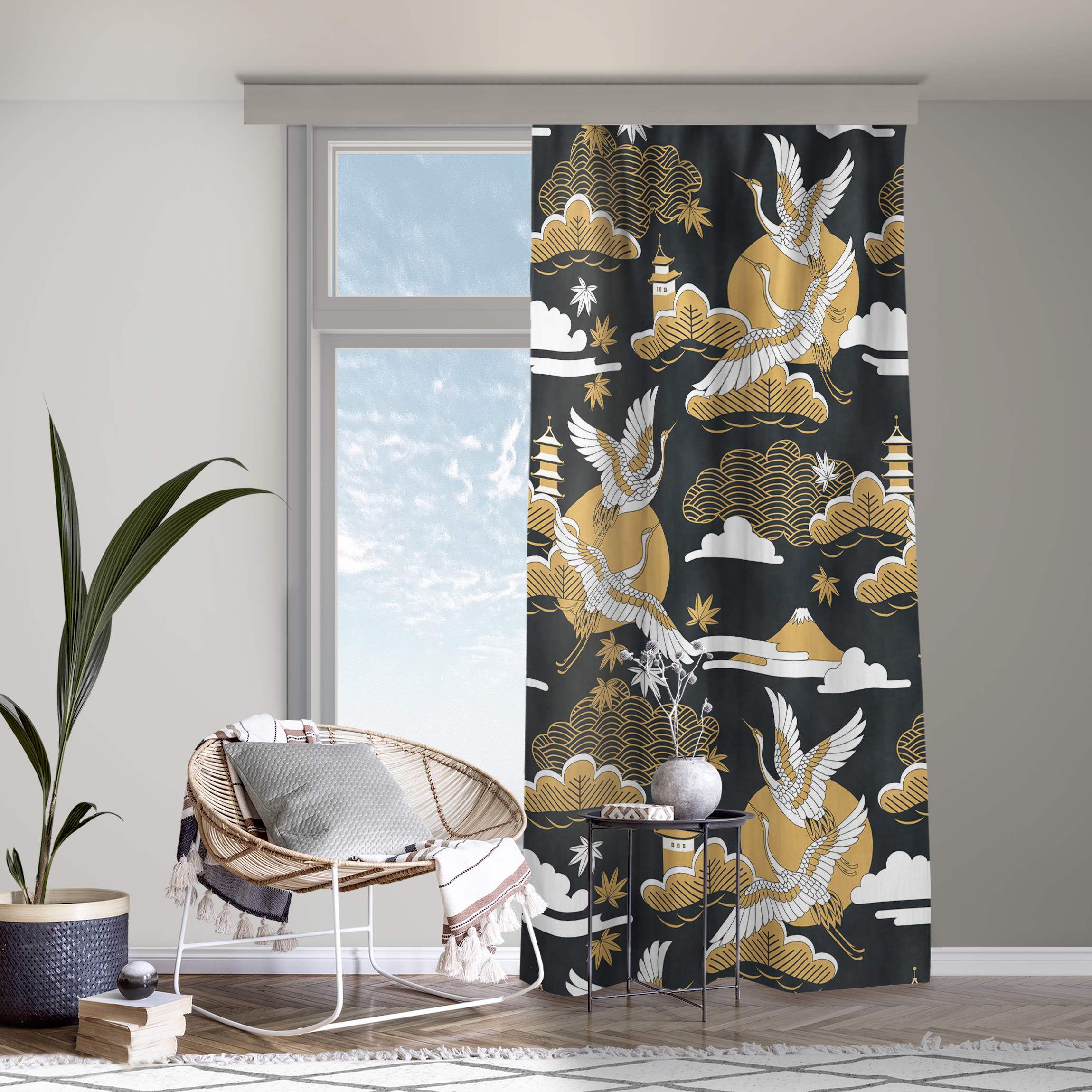 Vorhang Asiatisches Muster mit Kranichen im Herbst