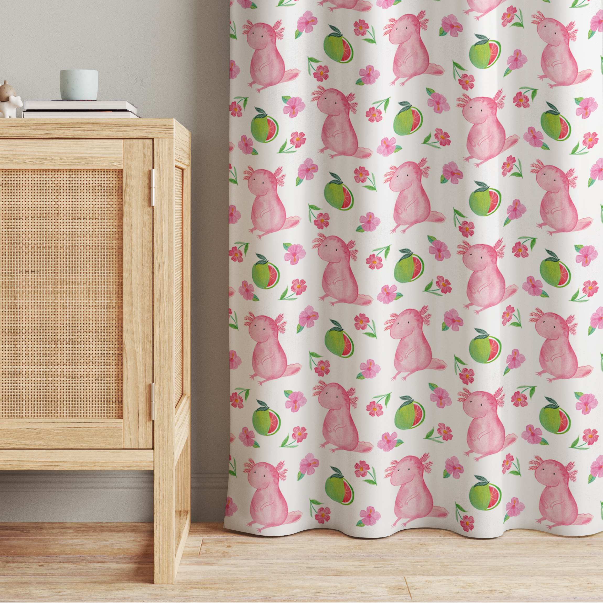 Vorhang Mr. & Mrs. Panda - Axolotl mit Blumen und Melonen