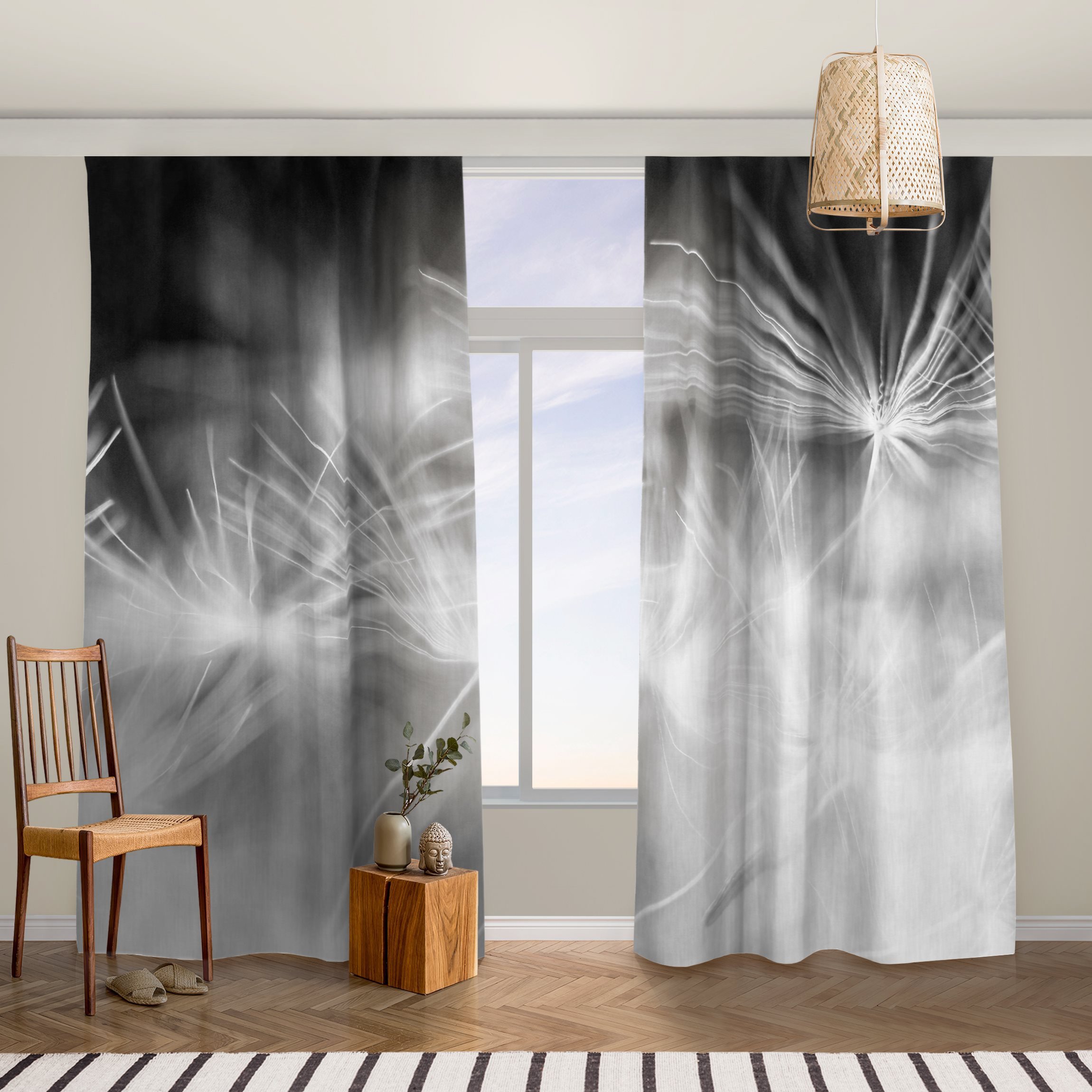 Vorhang Bewegte Pusteblumen Nahaufnahme auf schwarzem Hintergrund