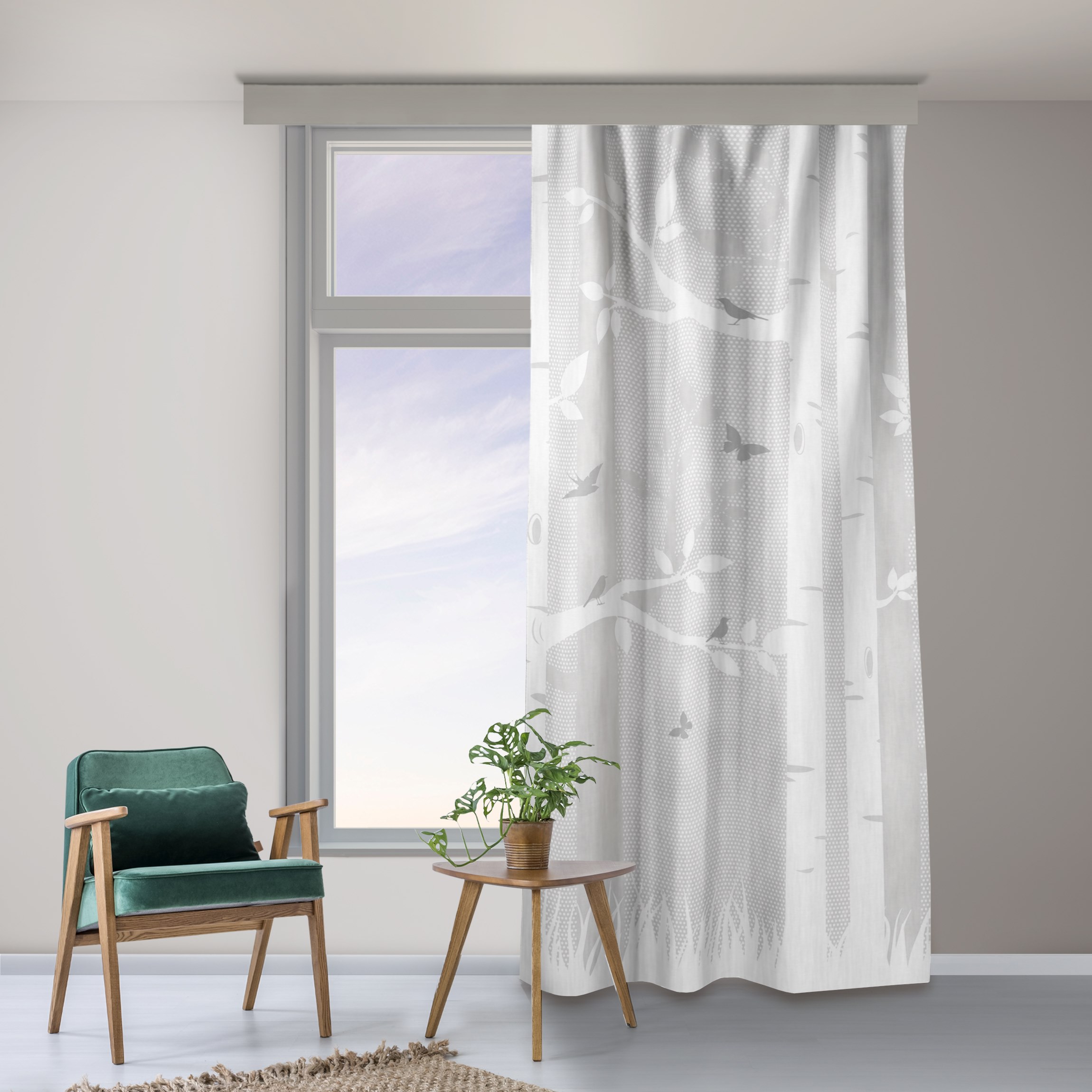 Vorhang Birkenwald mit Schmetterlingen und Vögel