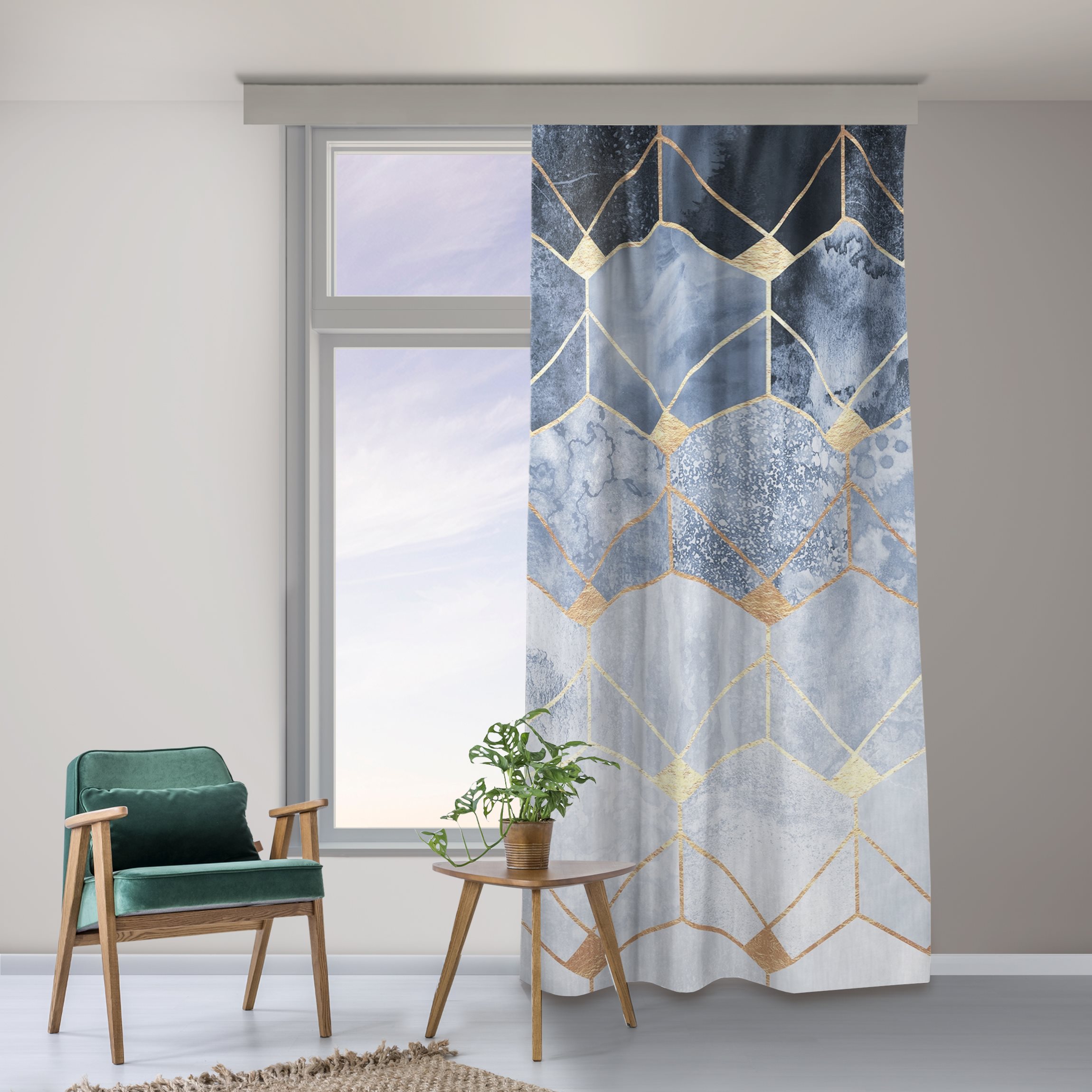 Vorhang Blaue Geometrie goldenes Art Deco