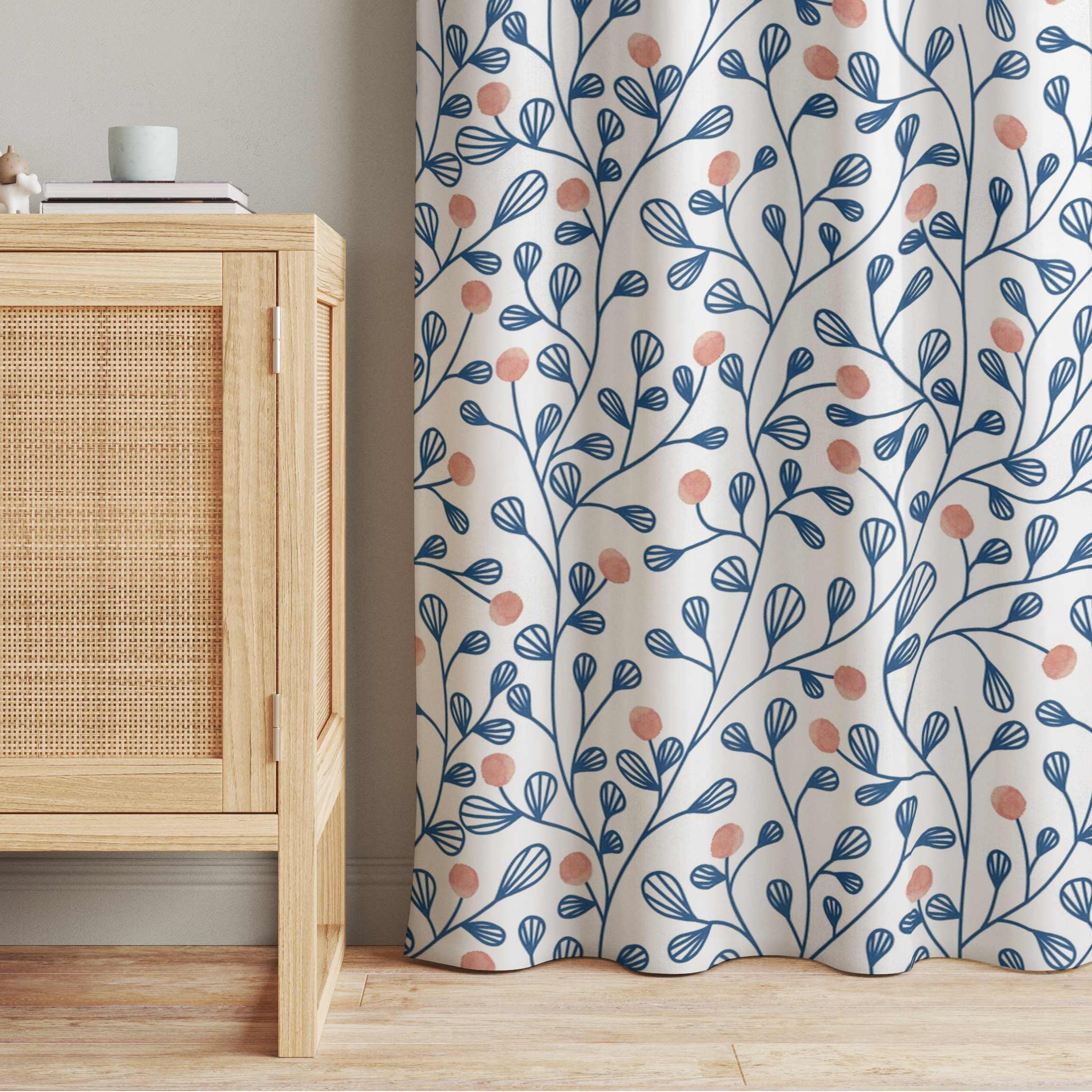 Vorhang Blaues Pflanzen Muster mit Punkten in Rosa