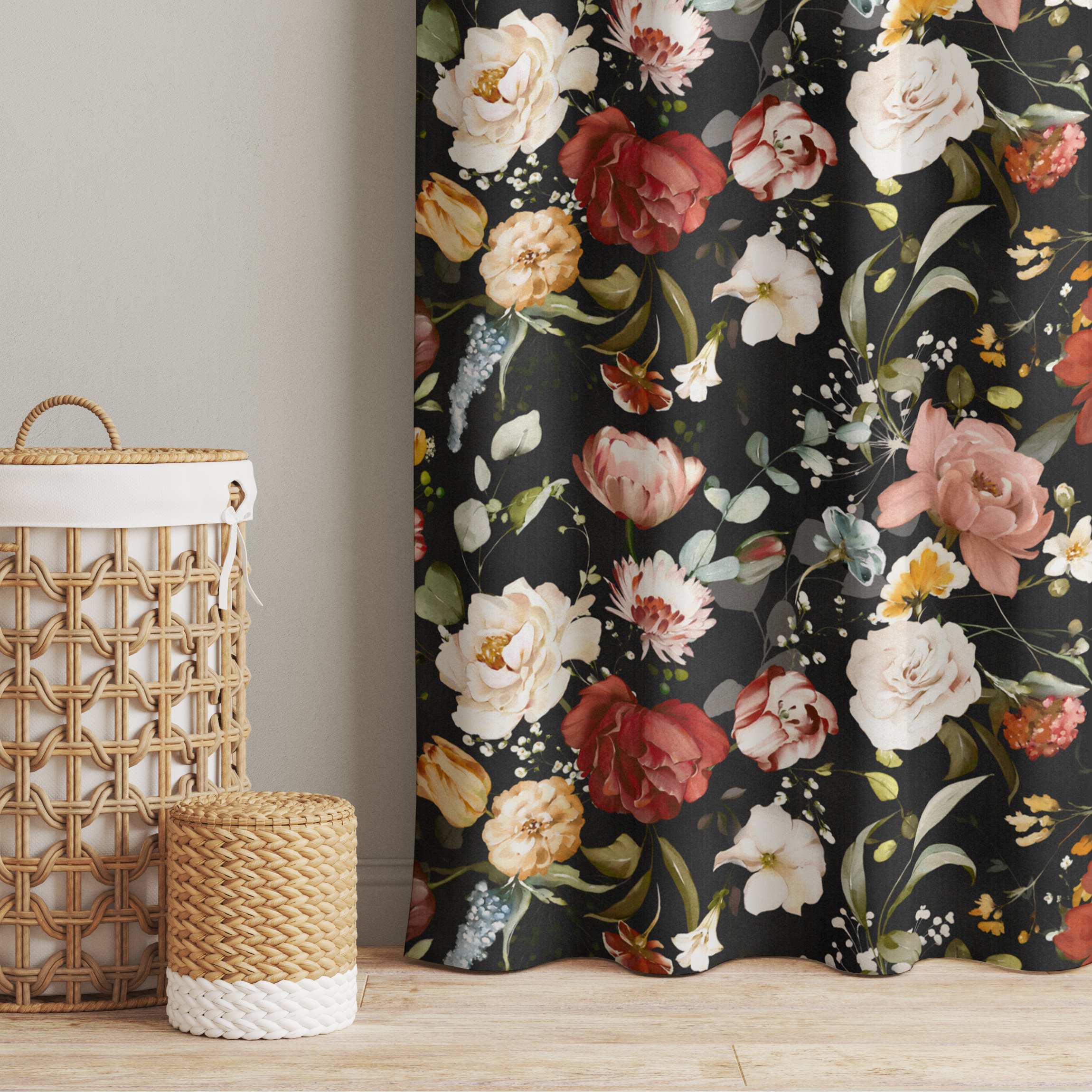 Vorhang Blumen Aquarell Vintage Muster auf Schwarz