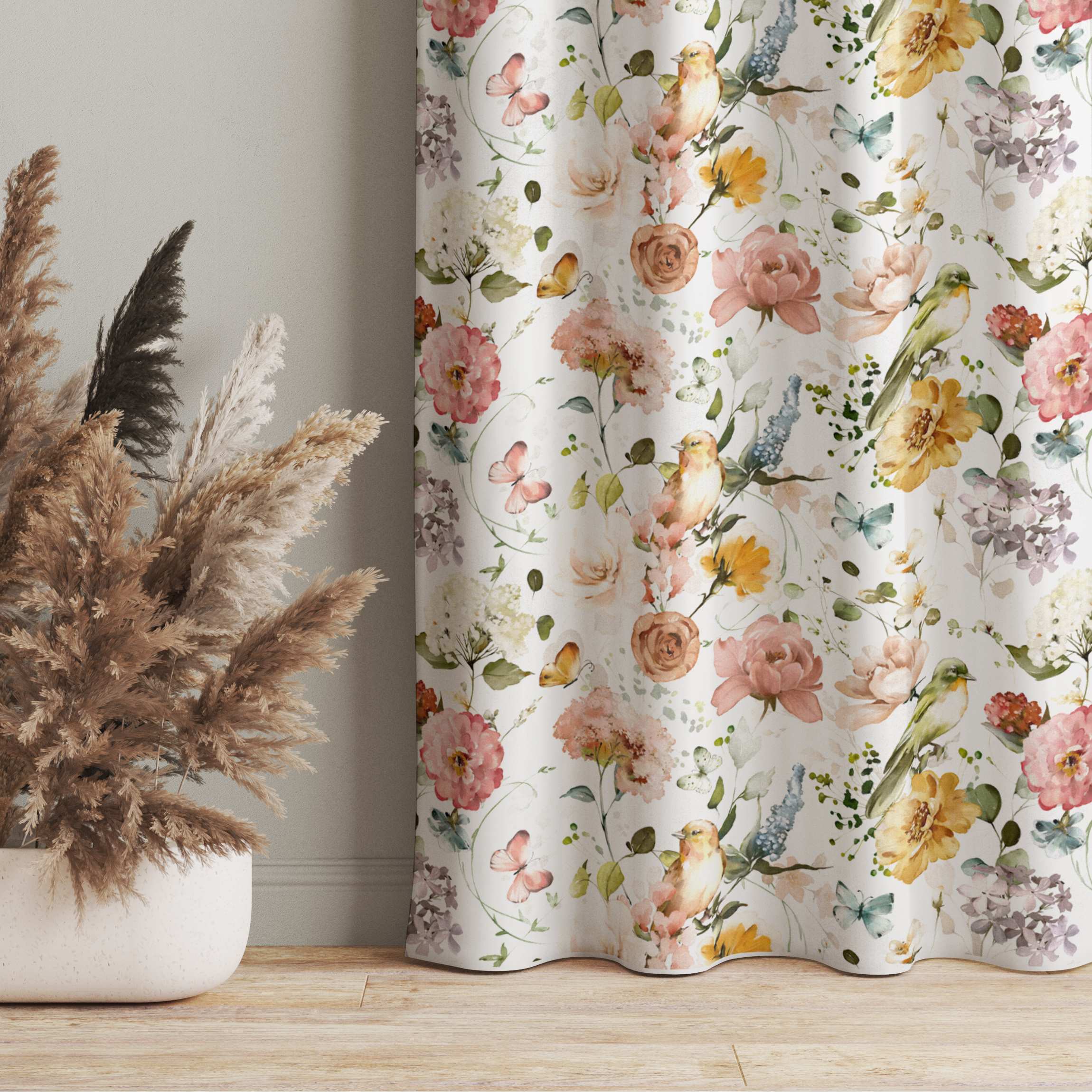 Vorhang Blumen und Vögel Aquarell Muster