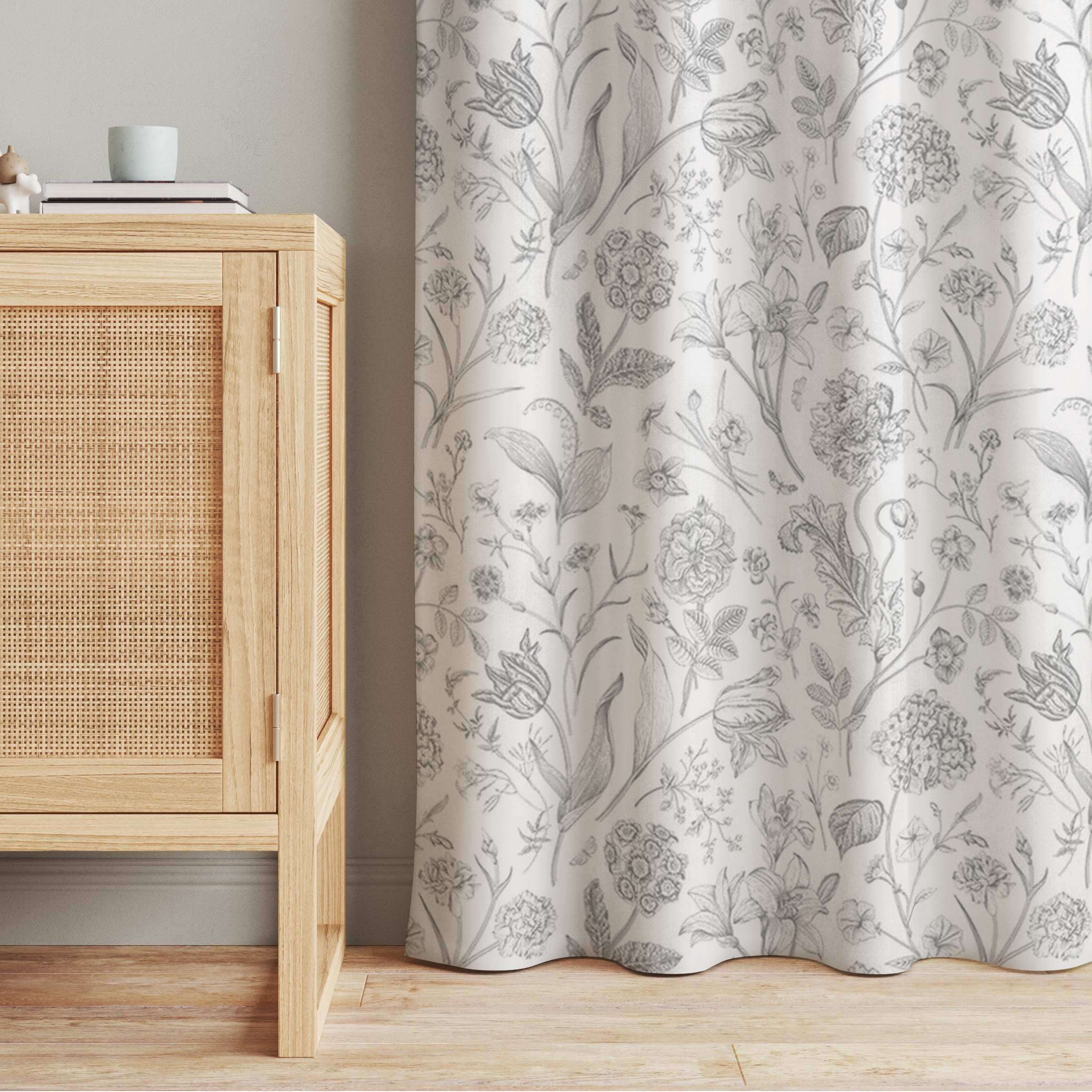 Vorhang Blumentanz in Grau