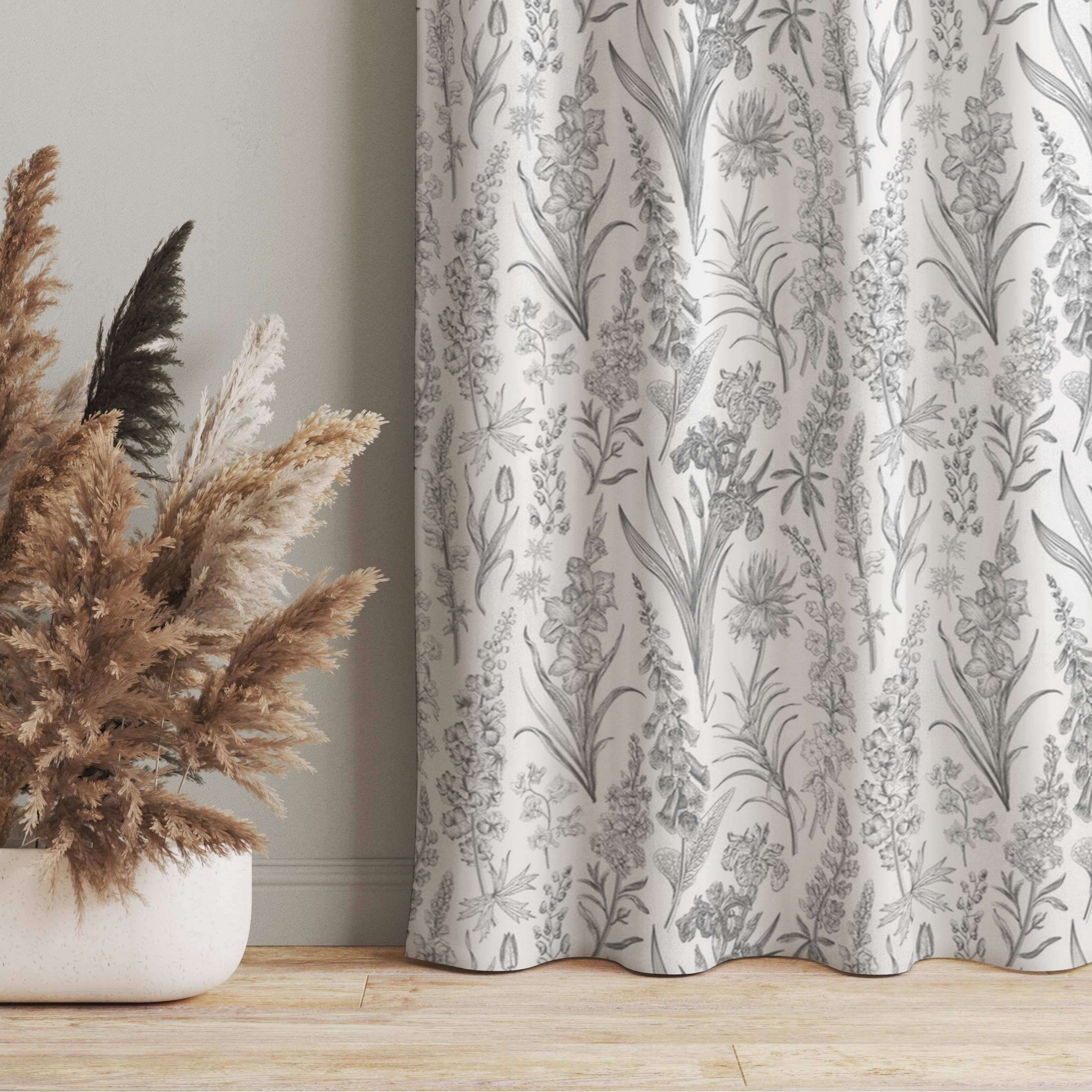 Vorhang Blumenwellen in Grau