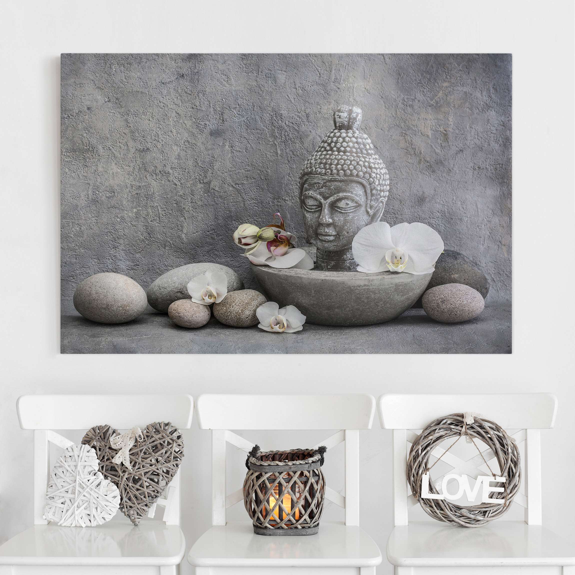 Leinwandbild Zen Buddha, Orchideen und Steine