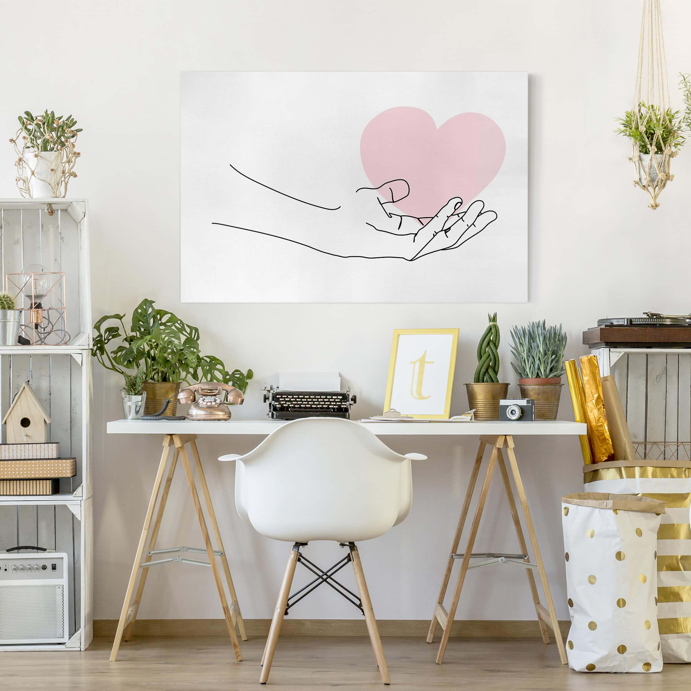 Leinwandbild - Querformat Hand mit Herz Line Art