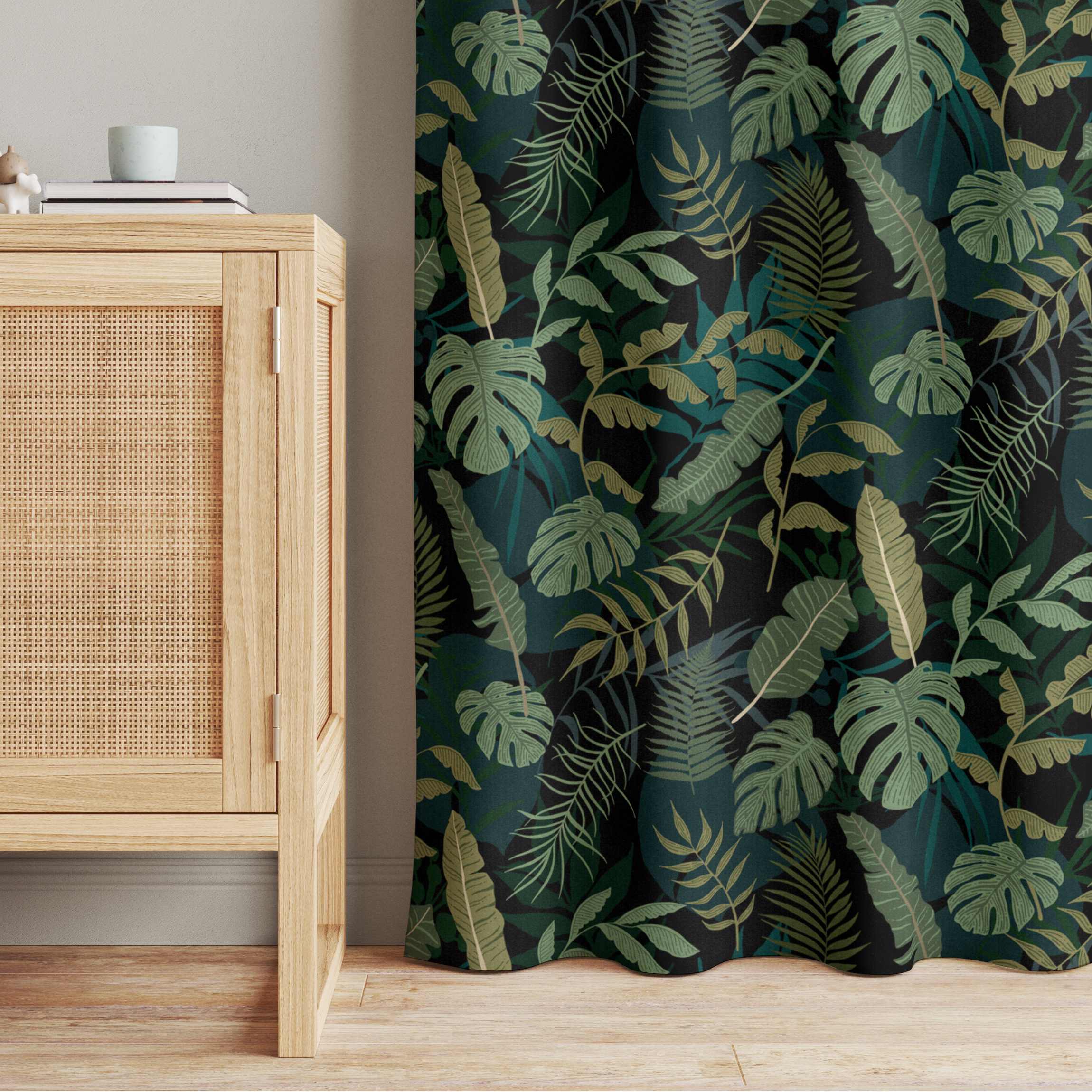 Vorhang Dschungel Blätter auf Schwarz