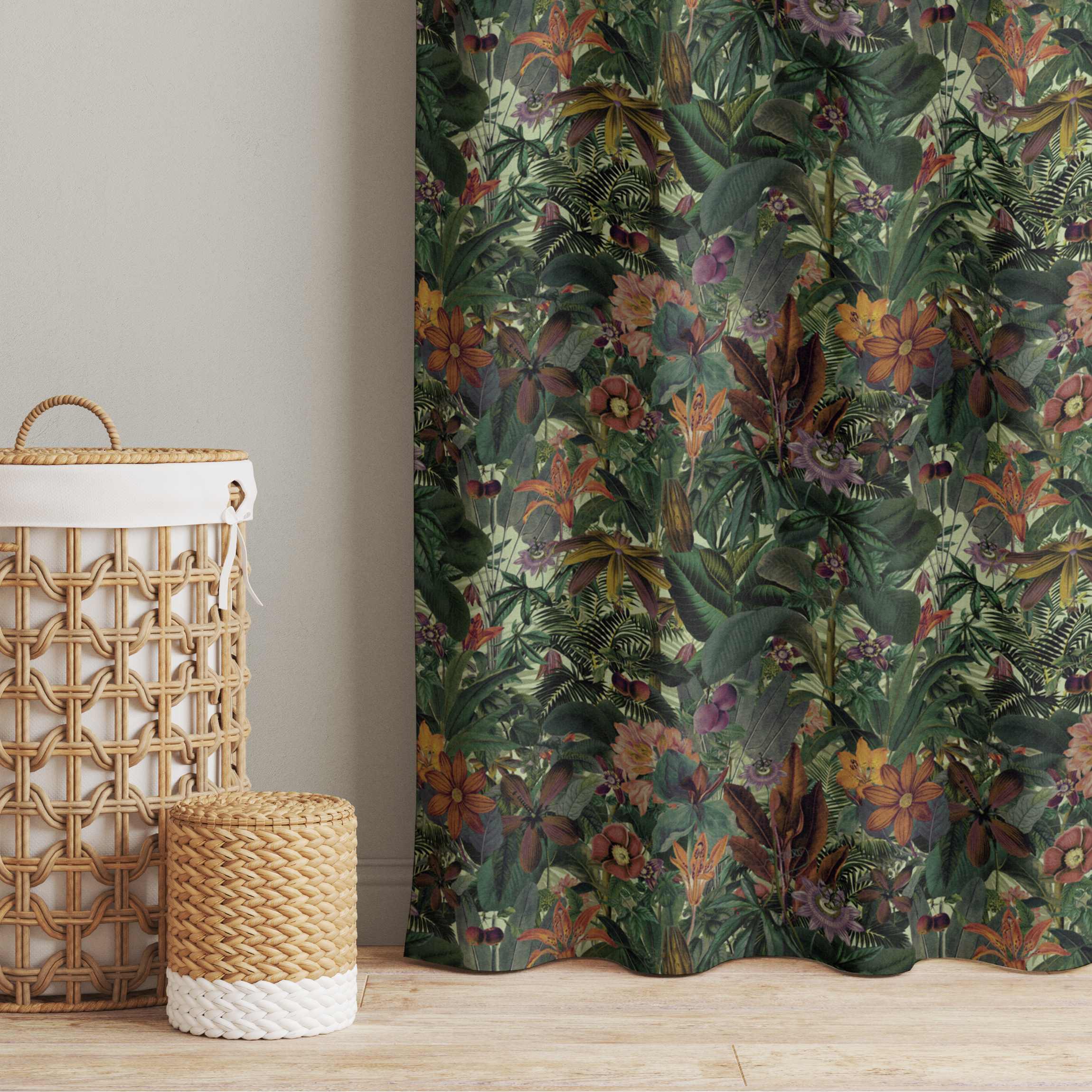 Vorhang Dschungel Blätter und Blüten in Orange und Grün