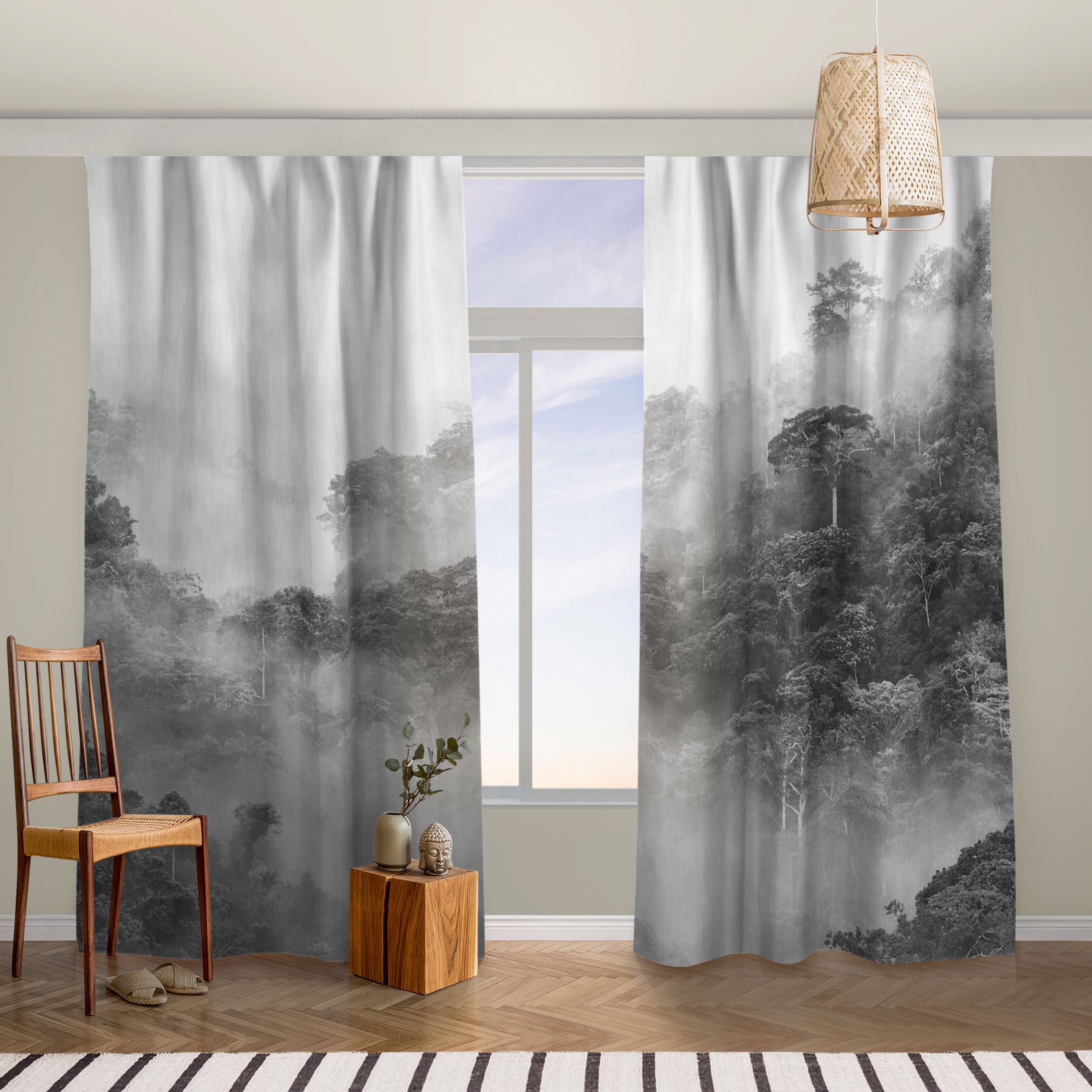 Vorhang Dschungel im Nebel Schwarz Weiß