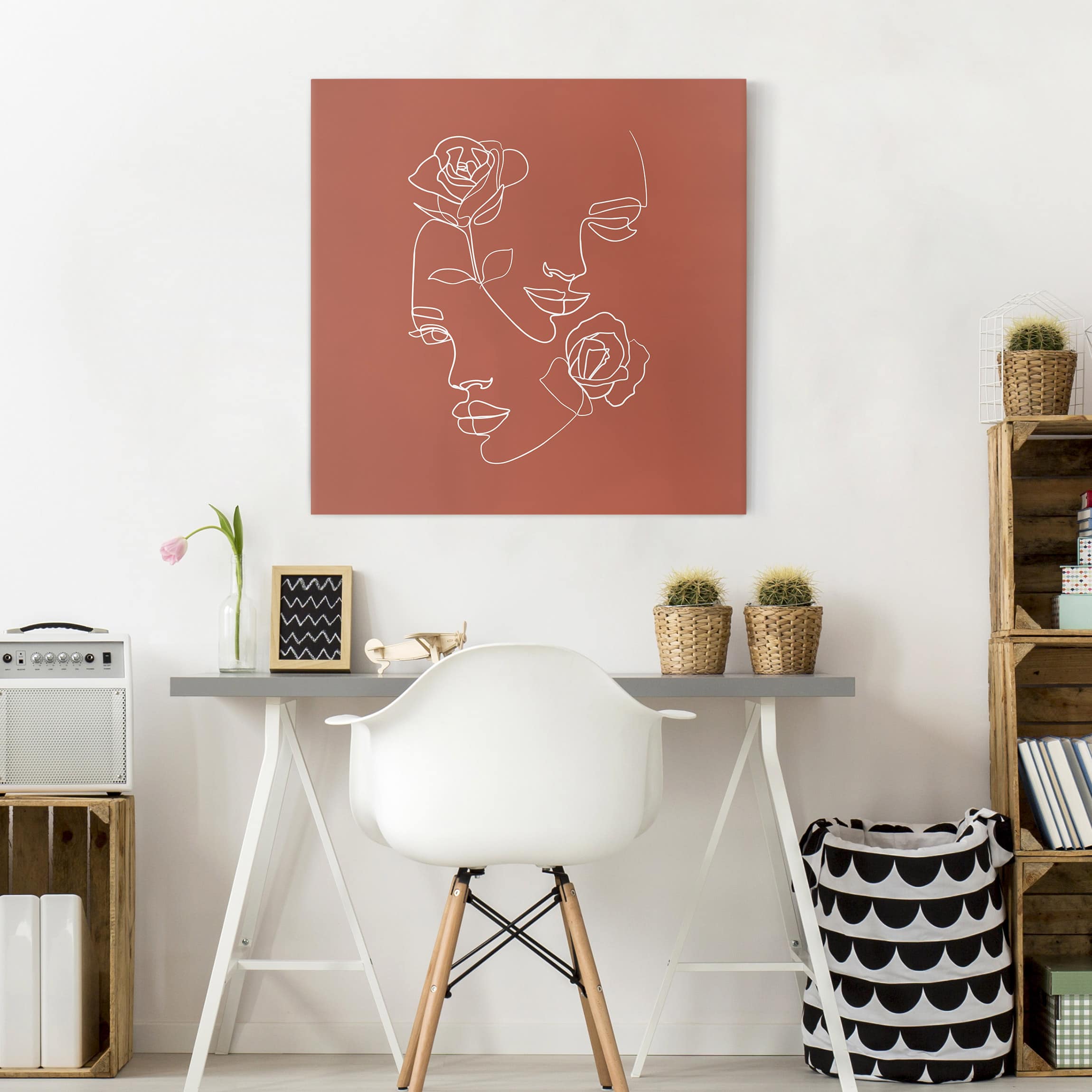 Leinwandbild - Quadrat Line Art Gesichter Frauen Rosen Kupfer