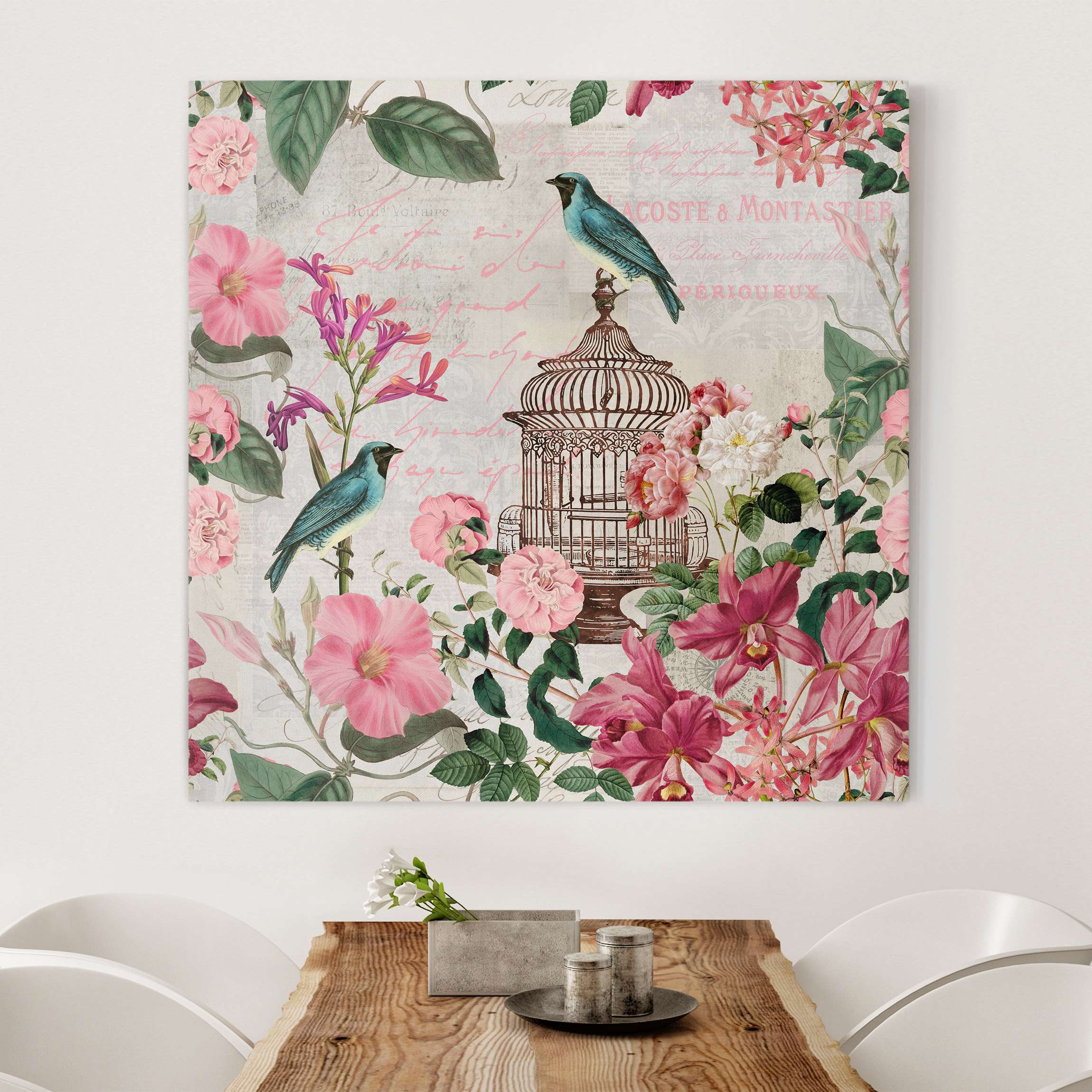 Leinwandbild Shabby Chic Collage - Rosa Blüten und blaue Vögel
