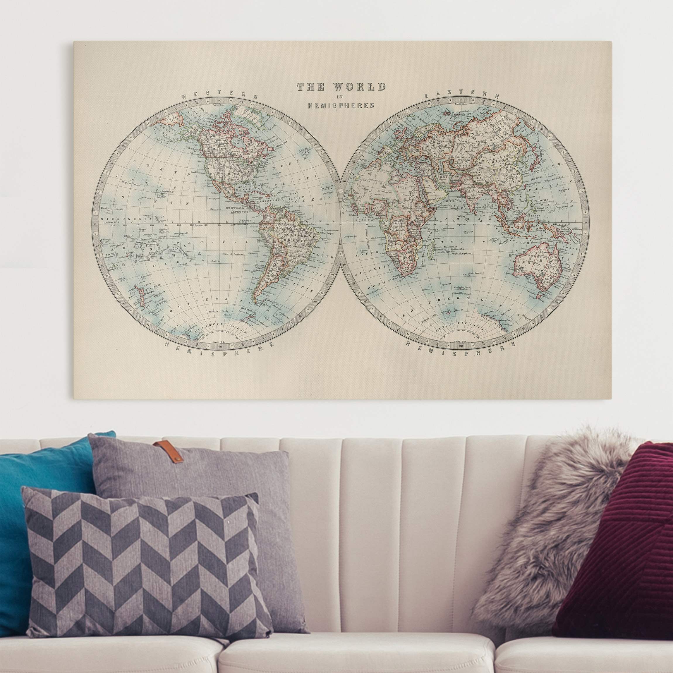 Leinwandbild Vintage Weltkarte Die zwei Hemispheren