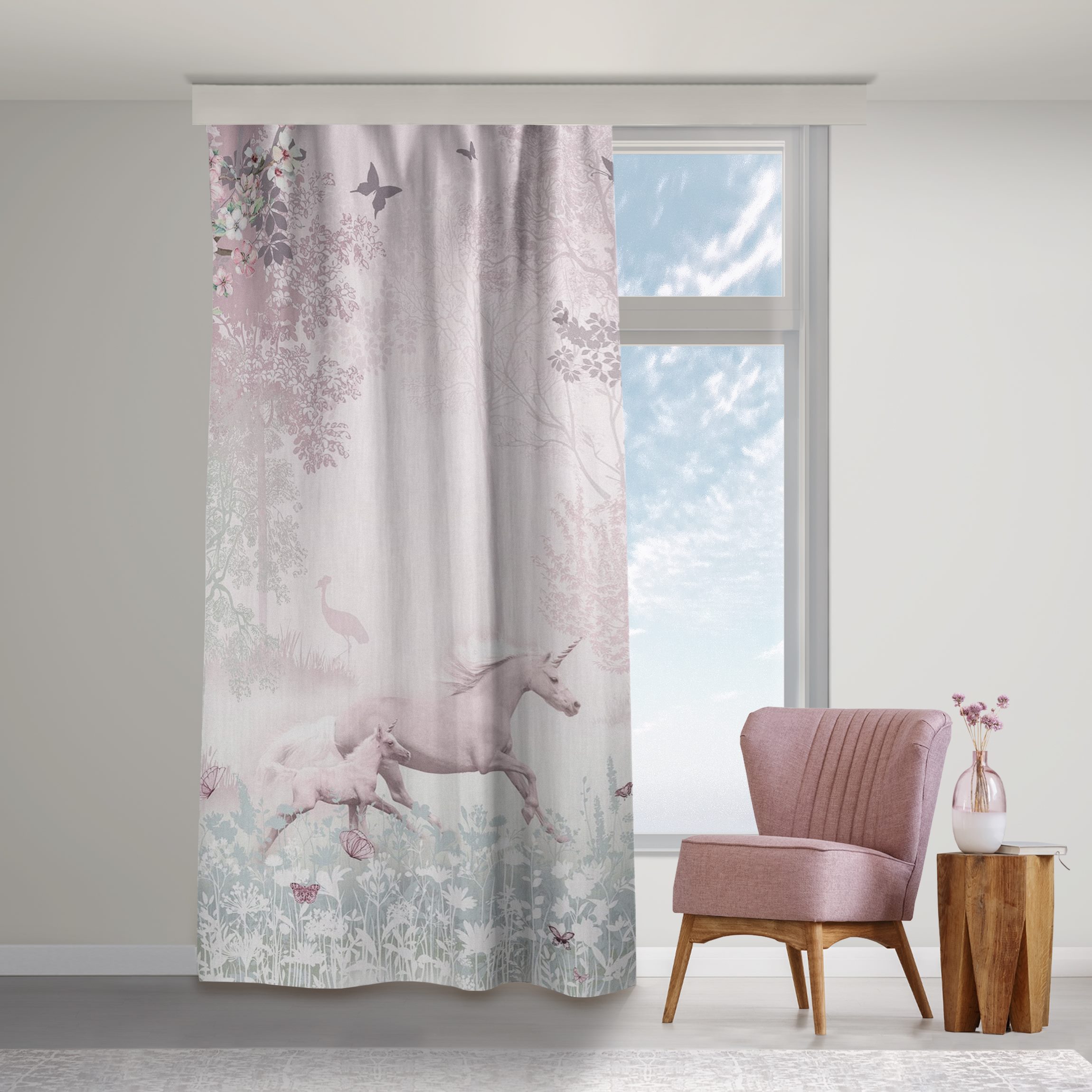 Vorhang Einhorn auf Blumenwiese in Rosa