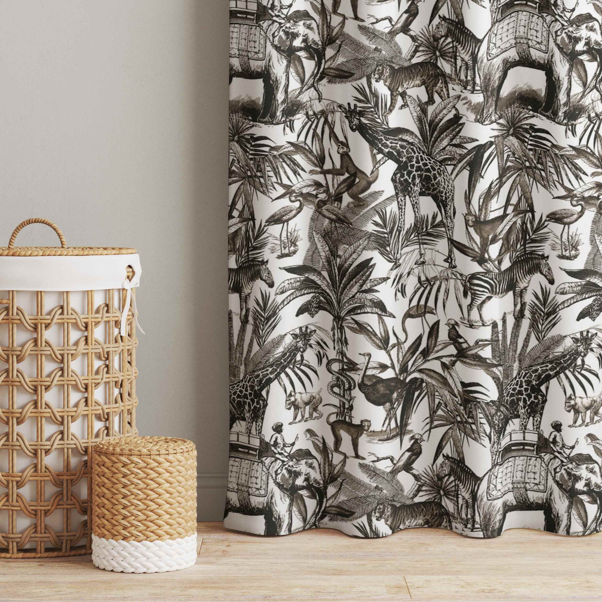 Vorhang Elefanten Giraffen Zebras und Tiger Schwarz-Weiß mit Braunton