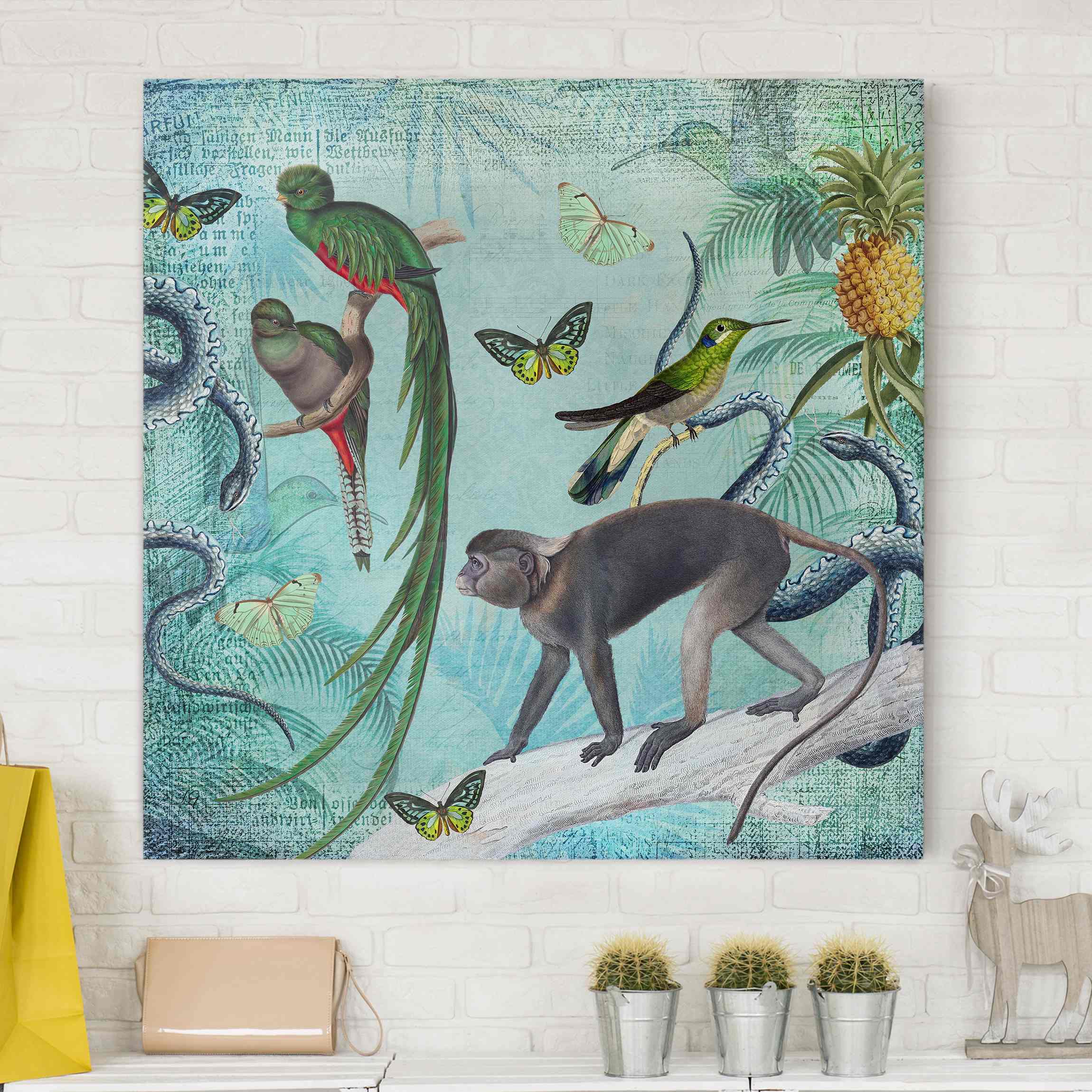 Leinwandbild Colonial Style Collage - Äffchen und Paradiesvögel