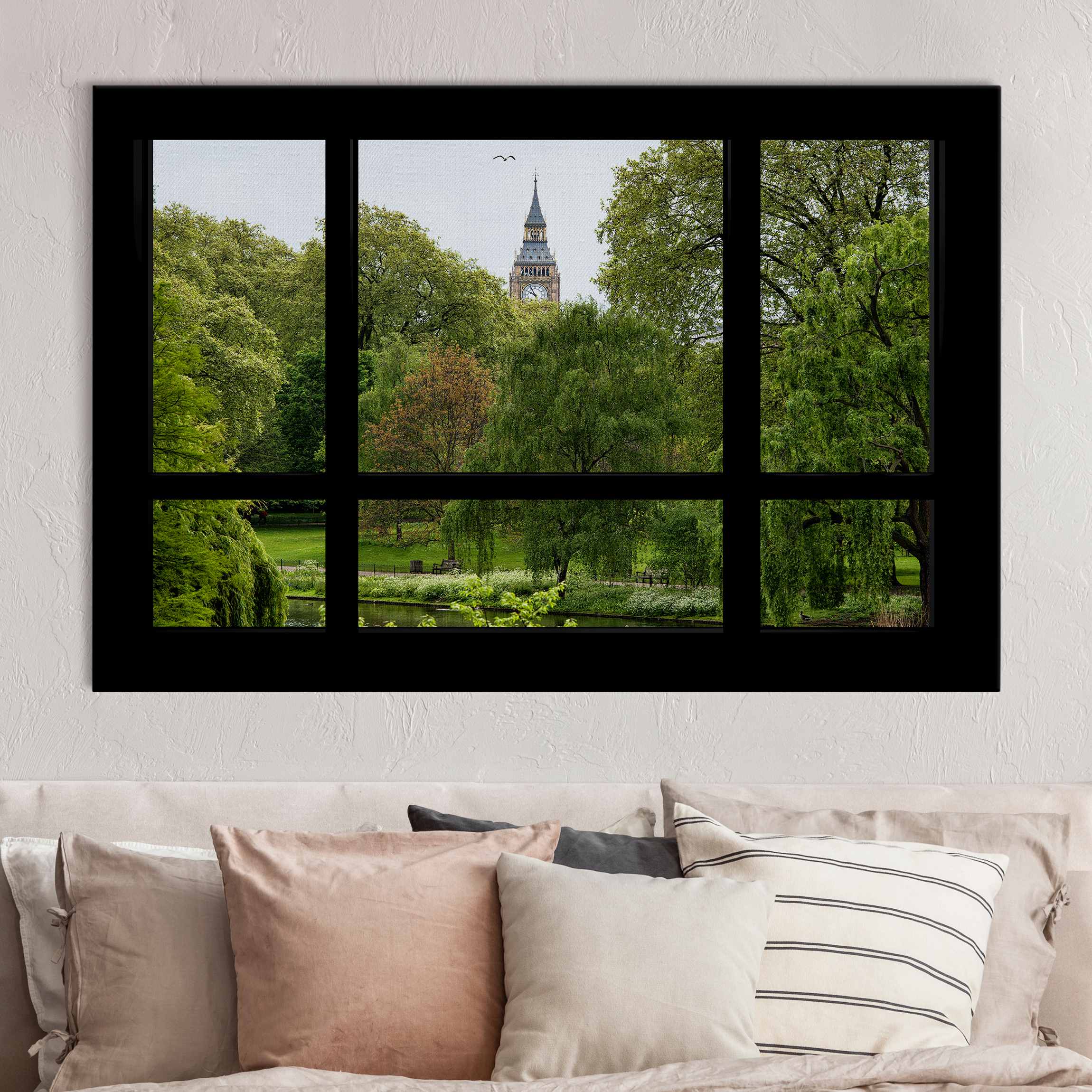 Akustikbild Fensterblick über St. James Park auf Big Ben