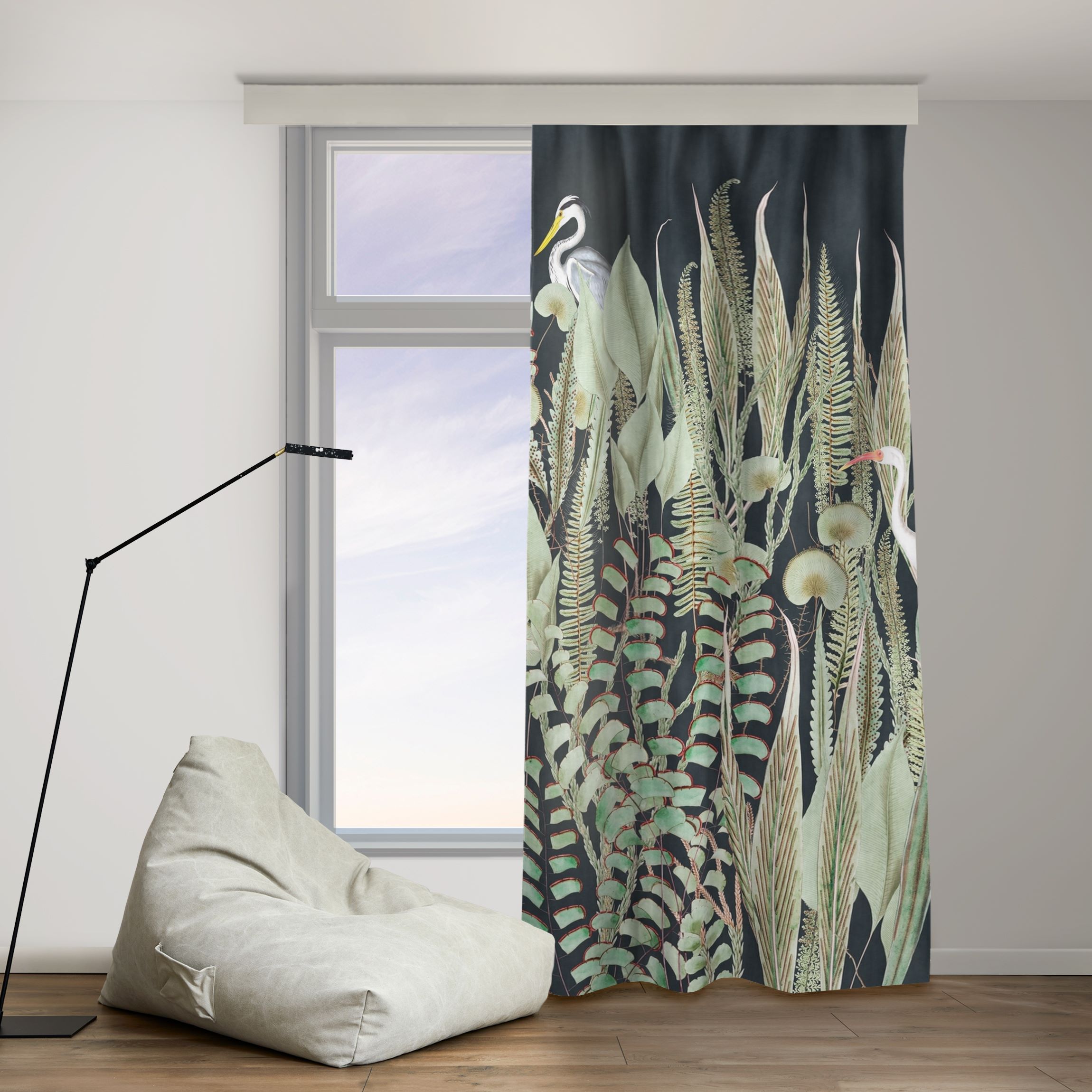 Vorhang Flamingo und Storch mit Pflanzen auf Grün