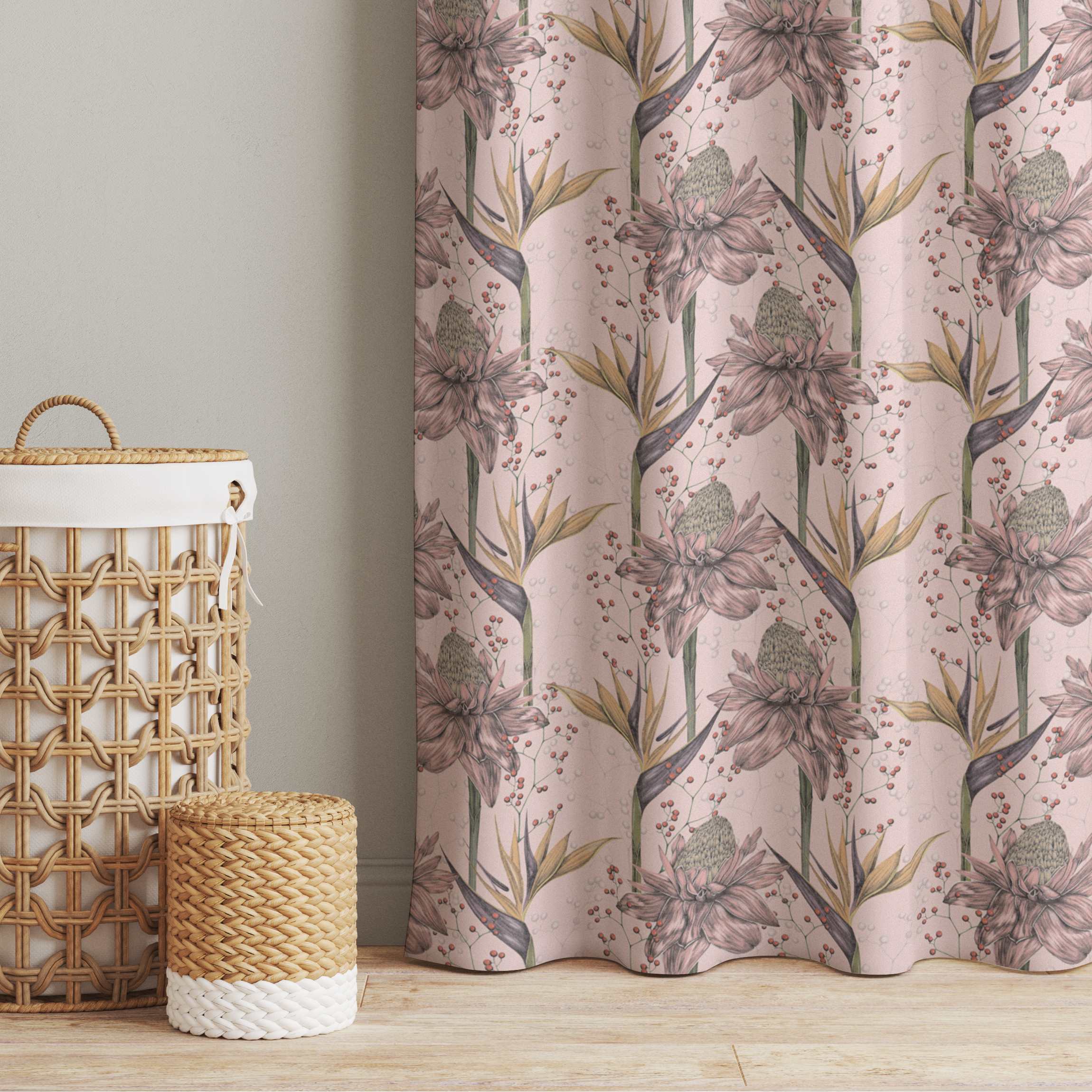 Vorhang Florale Eleganz Vintage Strelitzie auf Rosa