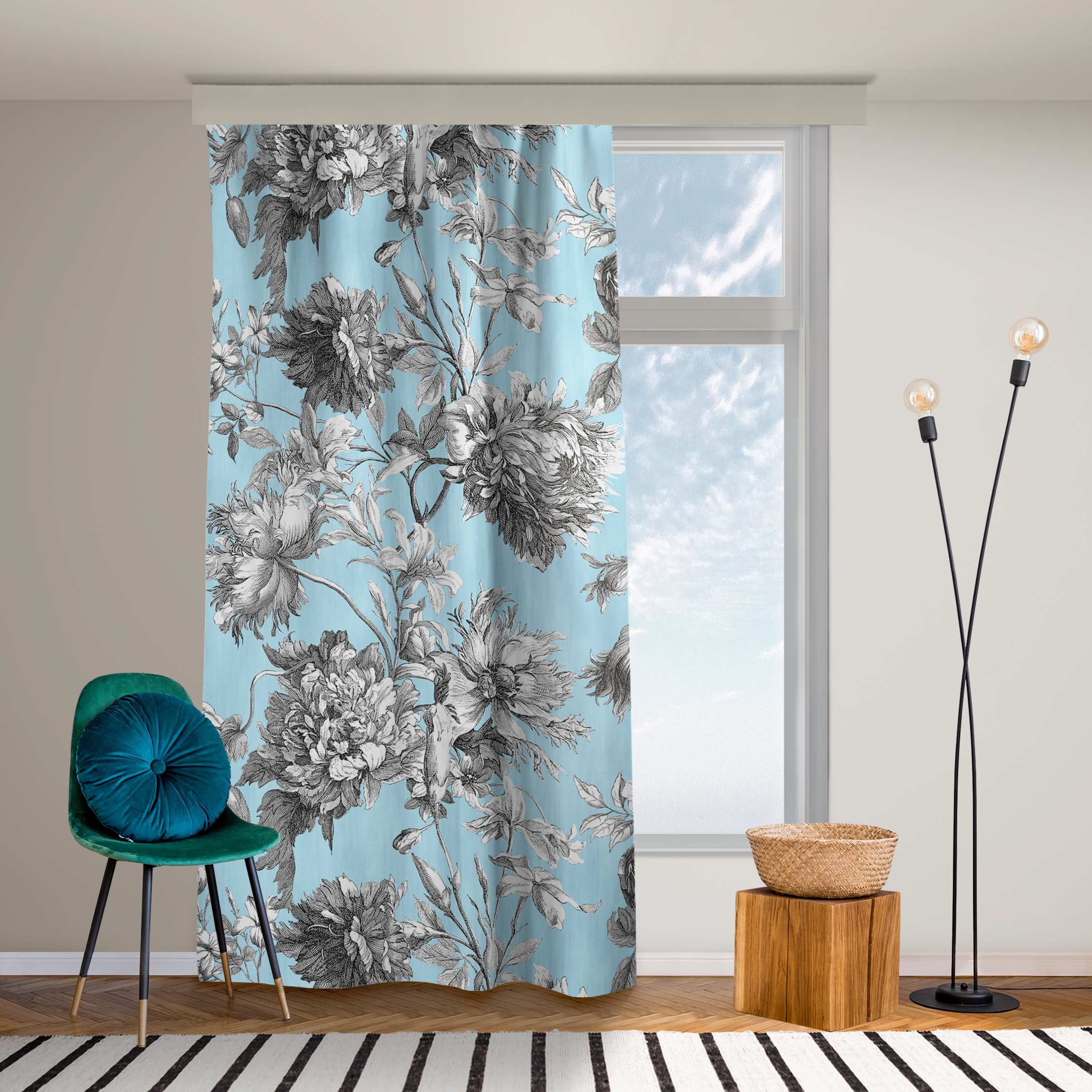 Vorhang Floraler Kupferstich Graublau