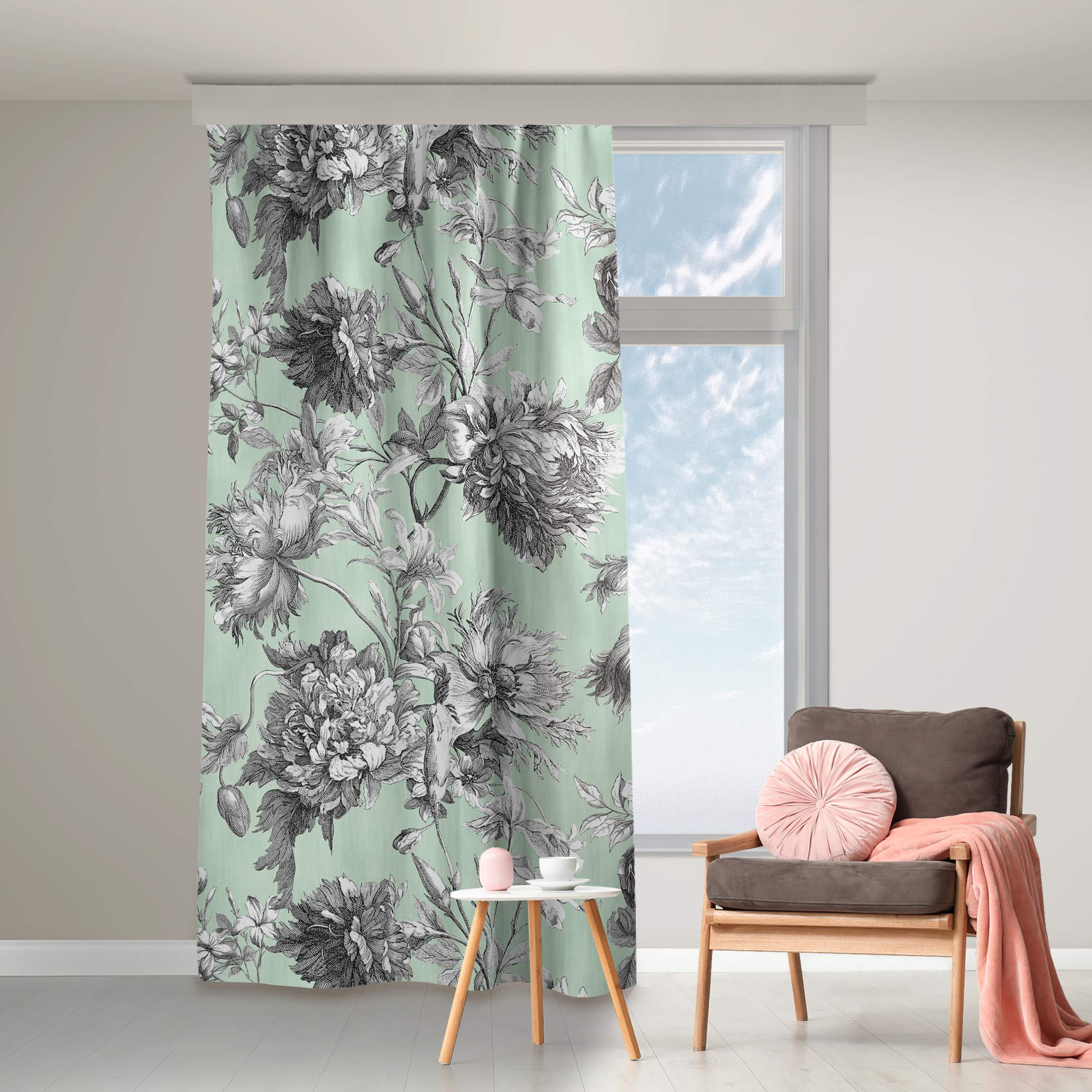 Vorhang Floraler Kupferstich Graumint