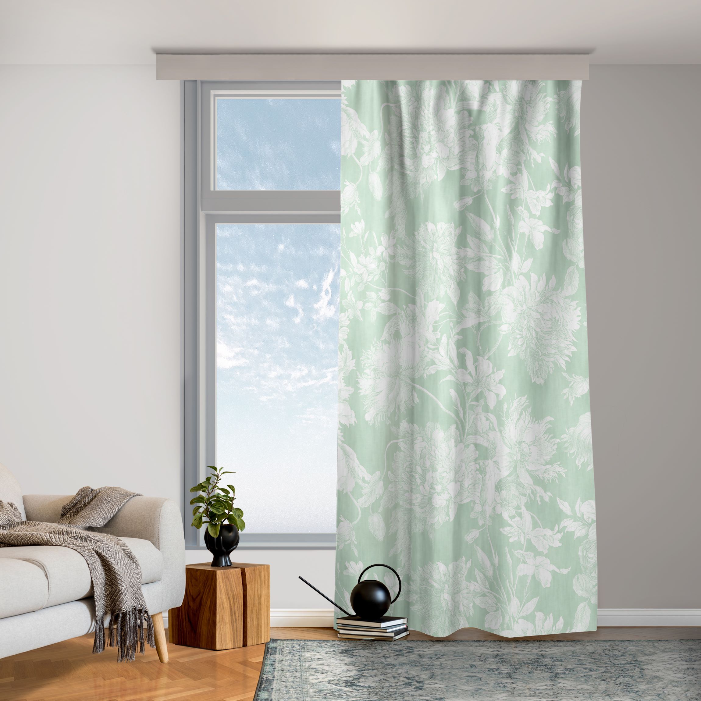Vorhang Floraler Kupferstich Weißgrün