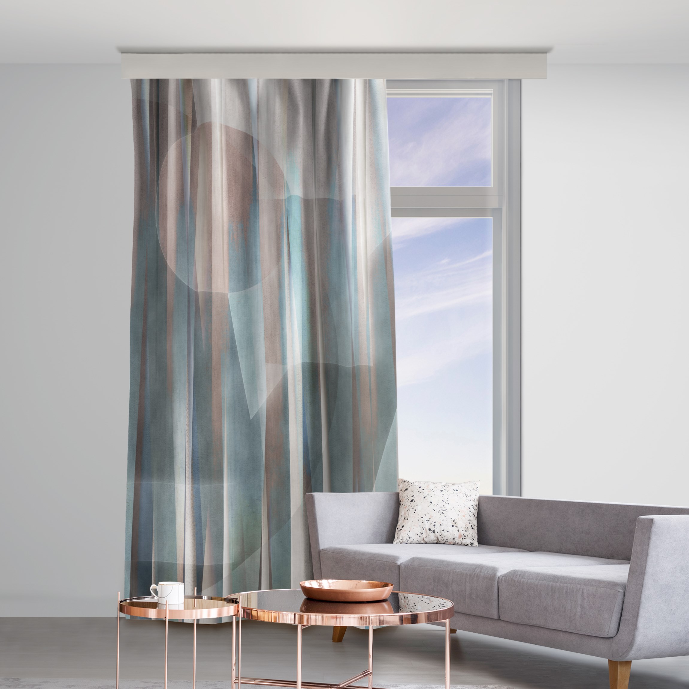 Vorhang Geometrische Formen in Kupfer und Blau