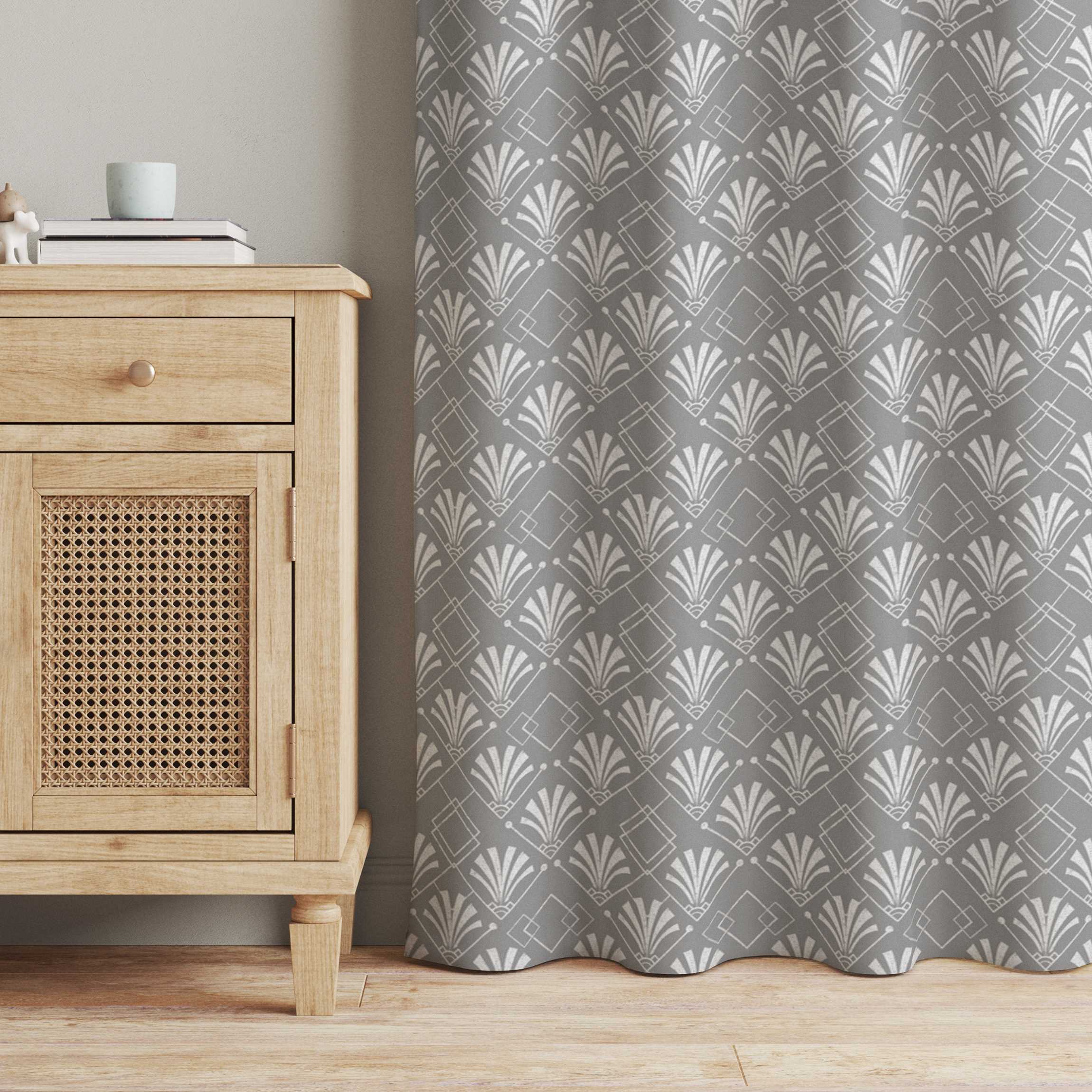 Vorhang Glitzeroptik mit Art Deco Muster auf Grau