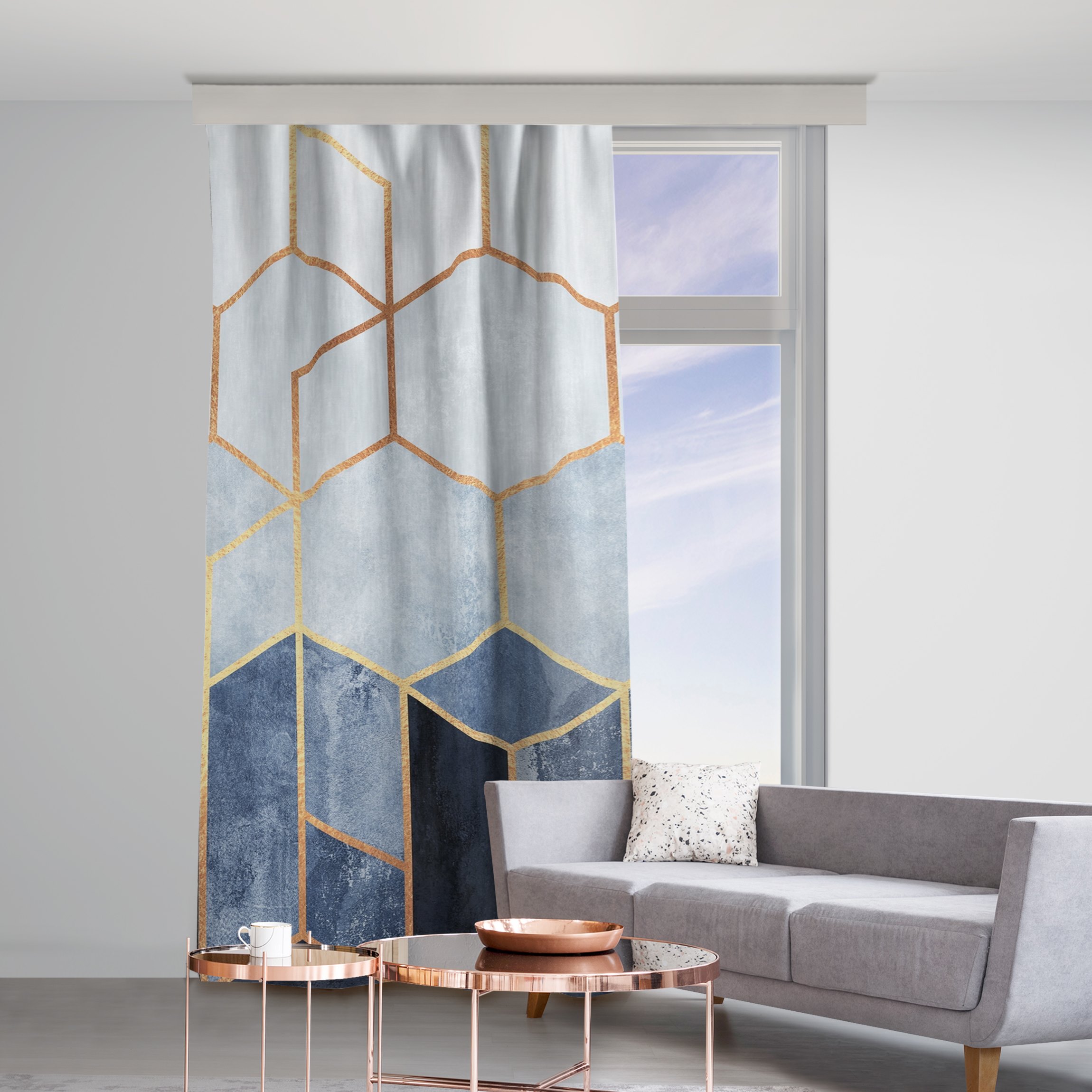 Vorhang Goldene Sechsecke Blau Weiß