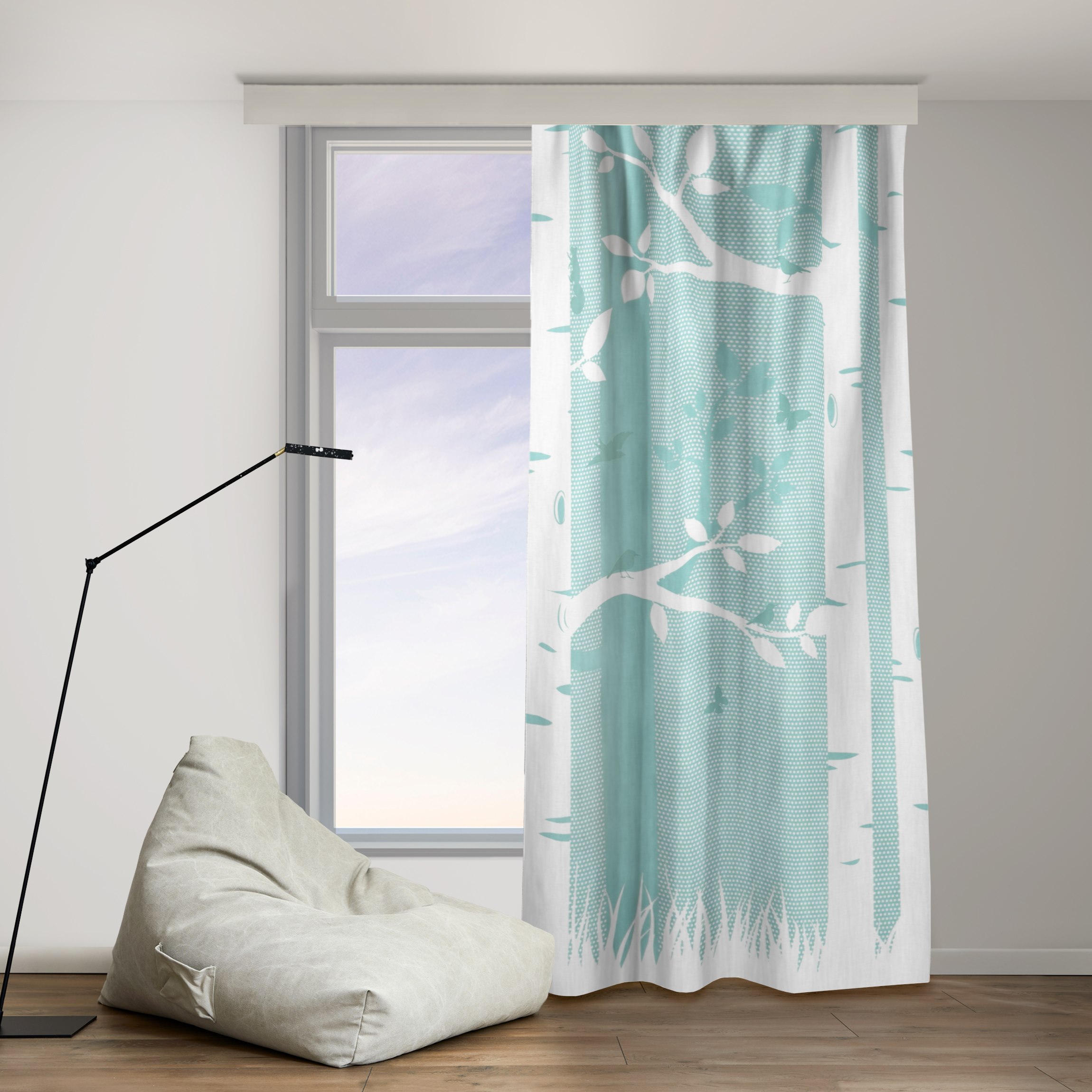 Vorhang Grüner Birkenwald mit Schmetterlingen und Vögel