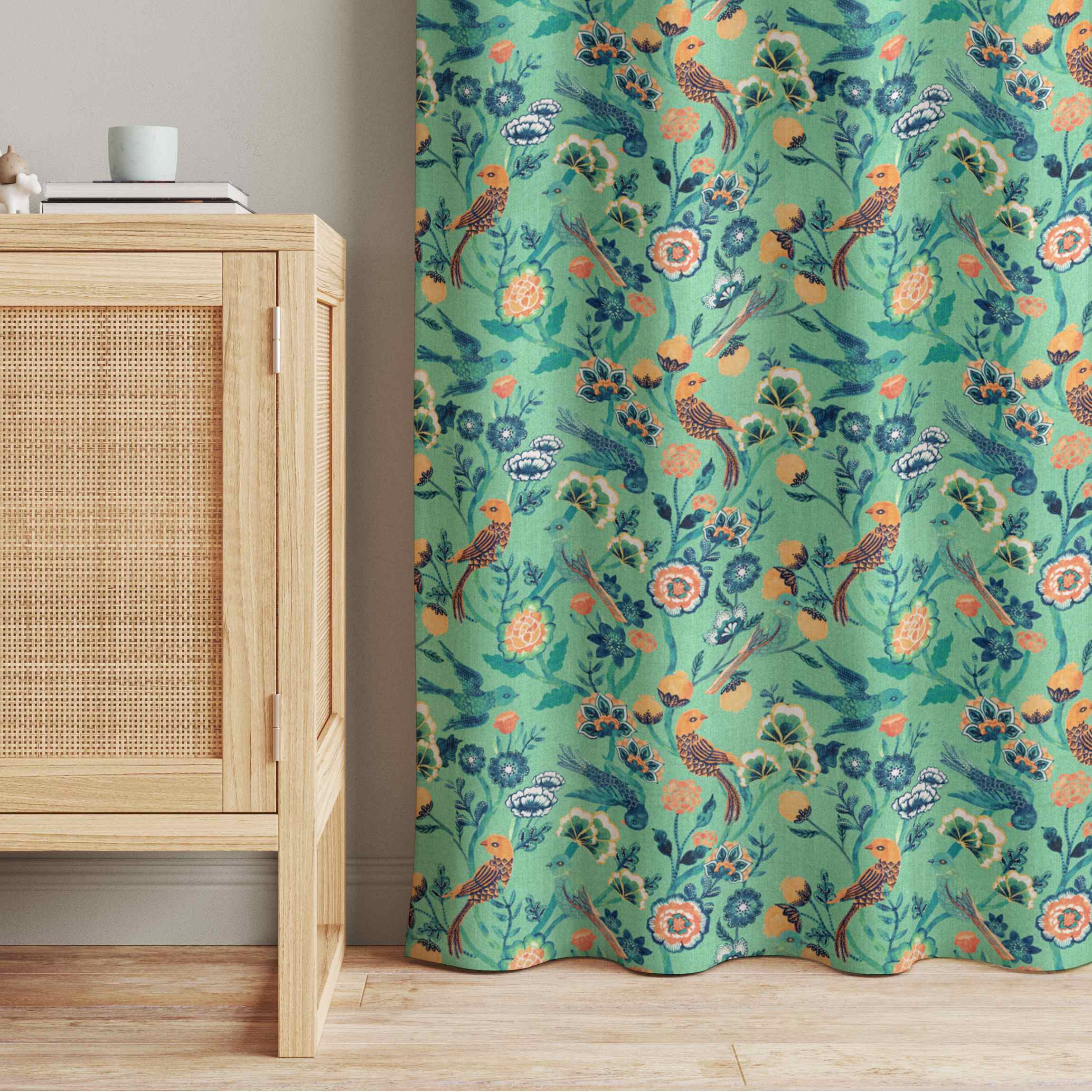 Vorhang Indisches Muster Vögel mit Blumen Türkis
