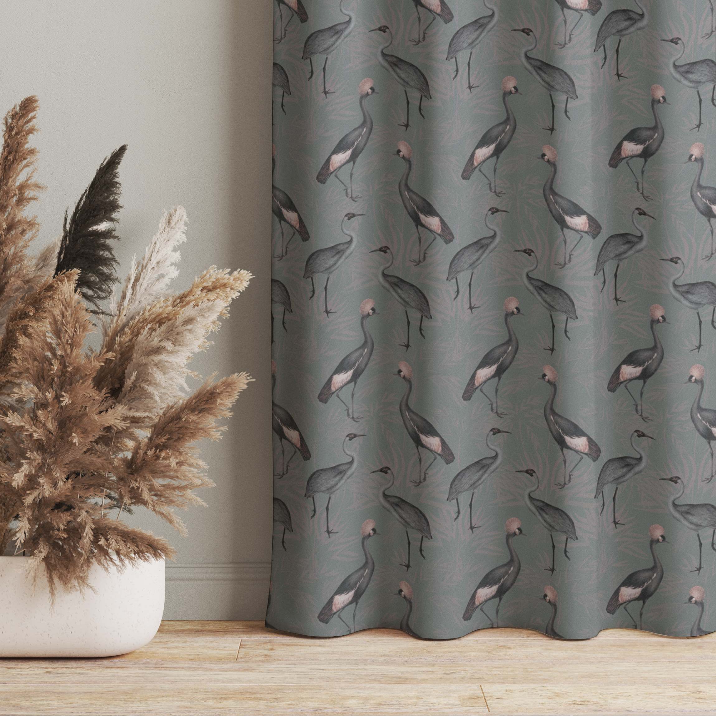 Vorhang Kraniche auf Grau