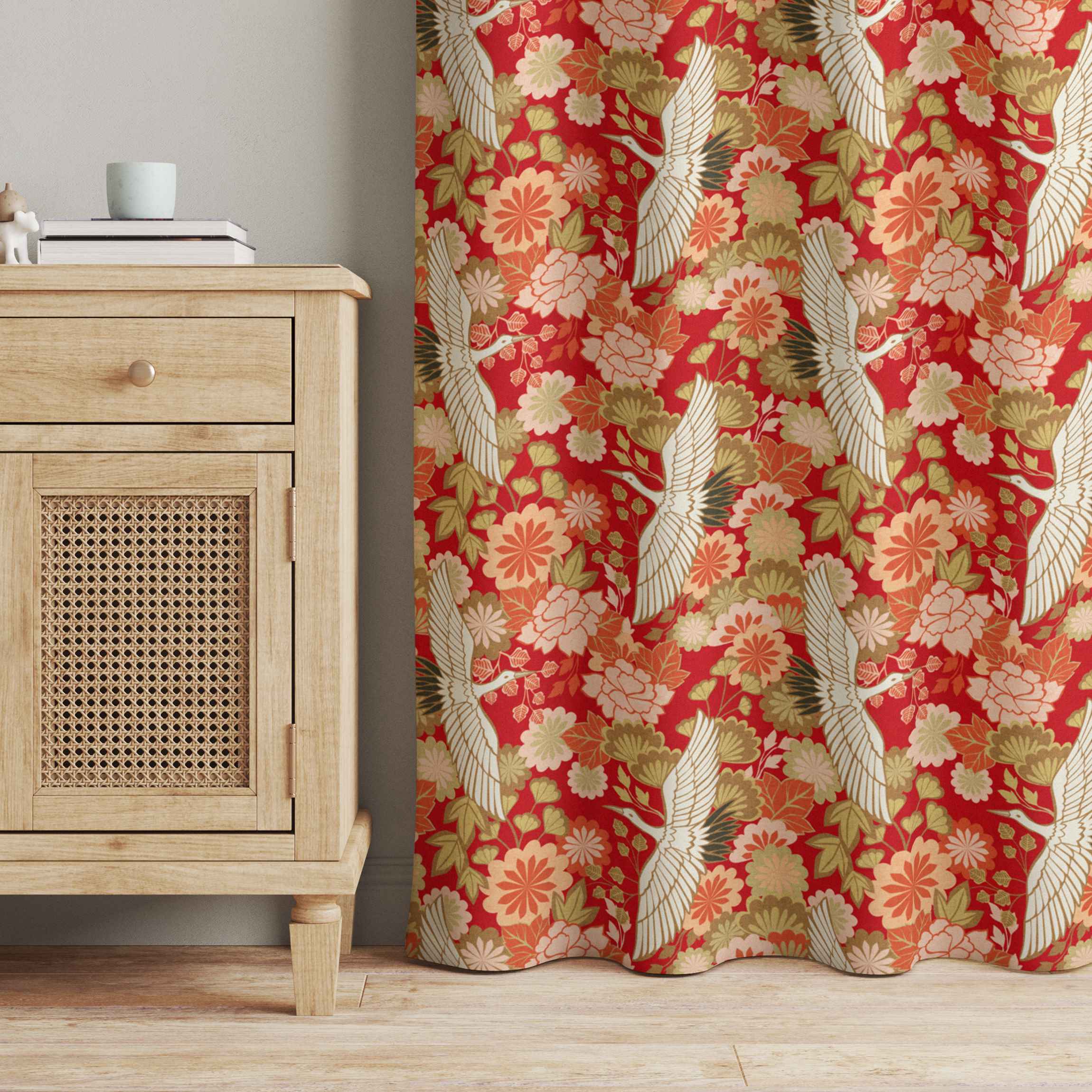 Vorhang Kraniche und Chrysanthemen Rot