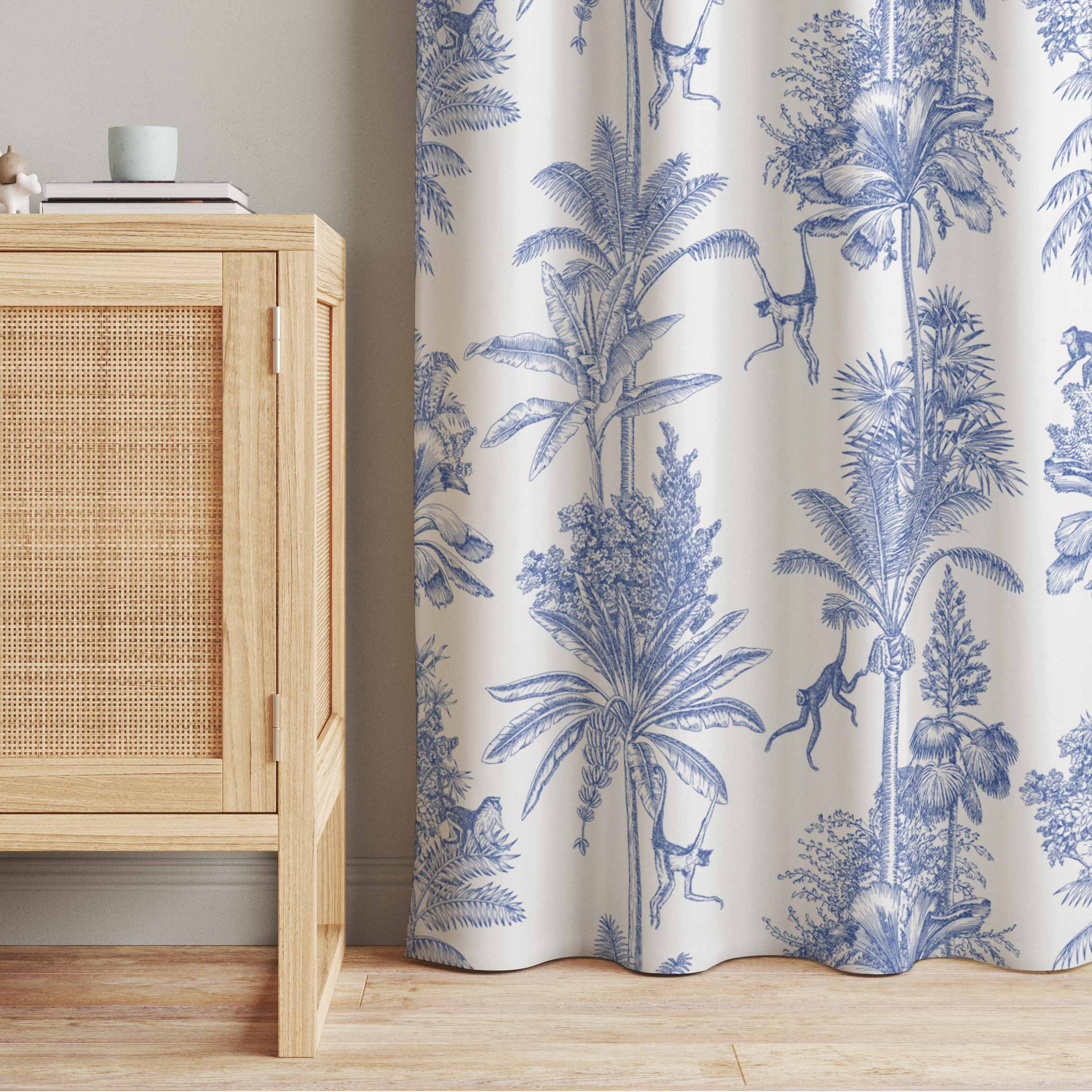 Vorhang Kupferstichanmutung - Affen in Blau