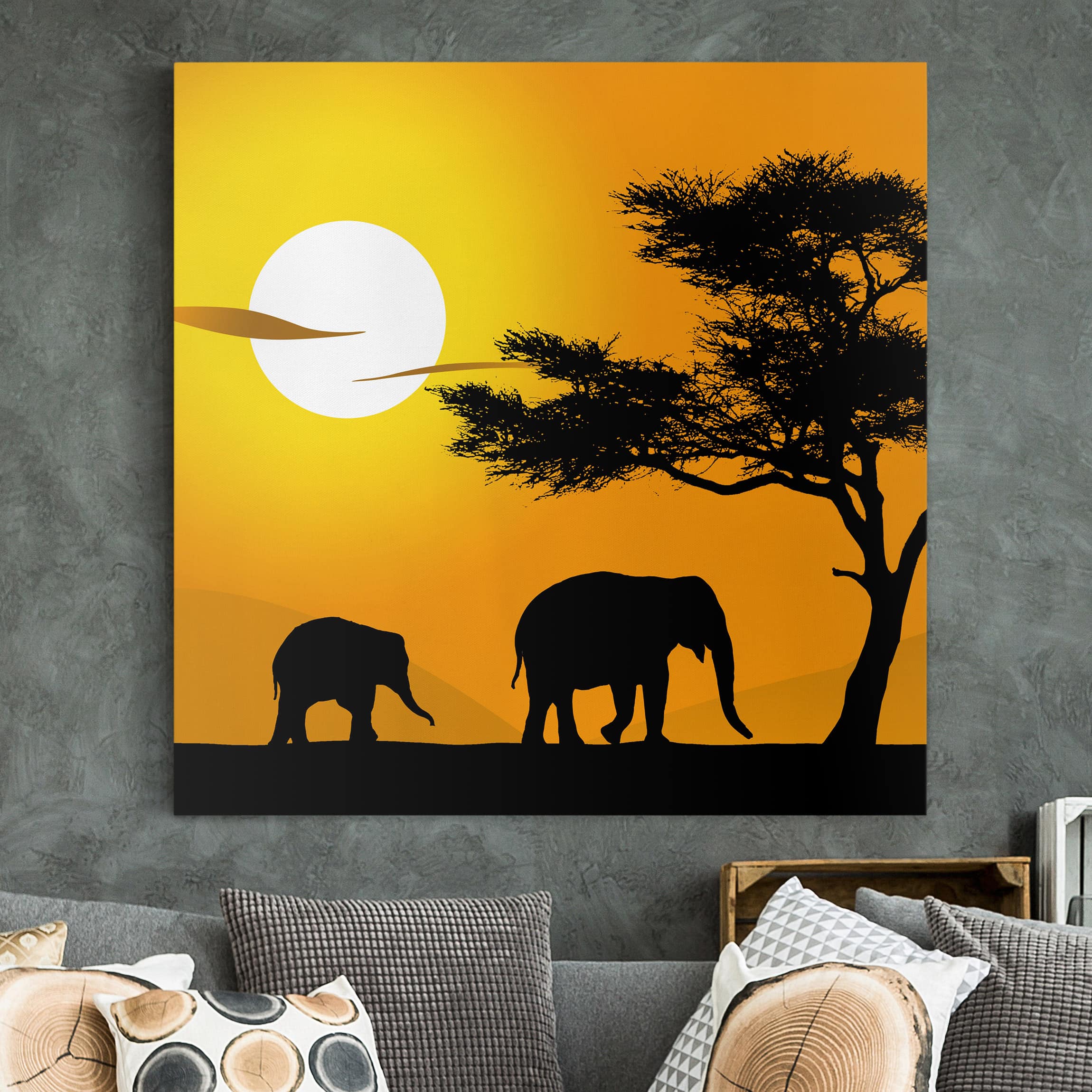 Leinwandbild - Quadrat African Elefant Walk