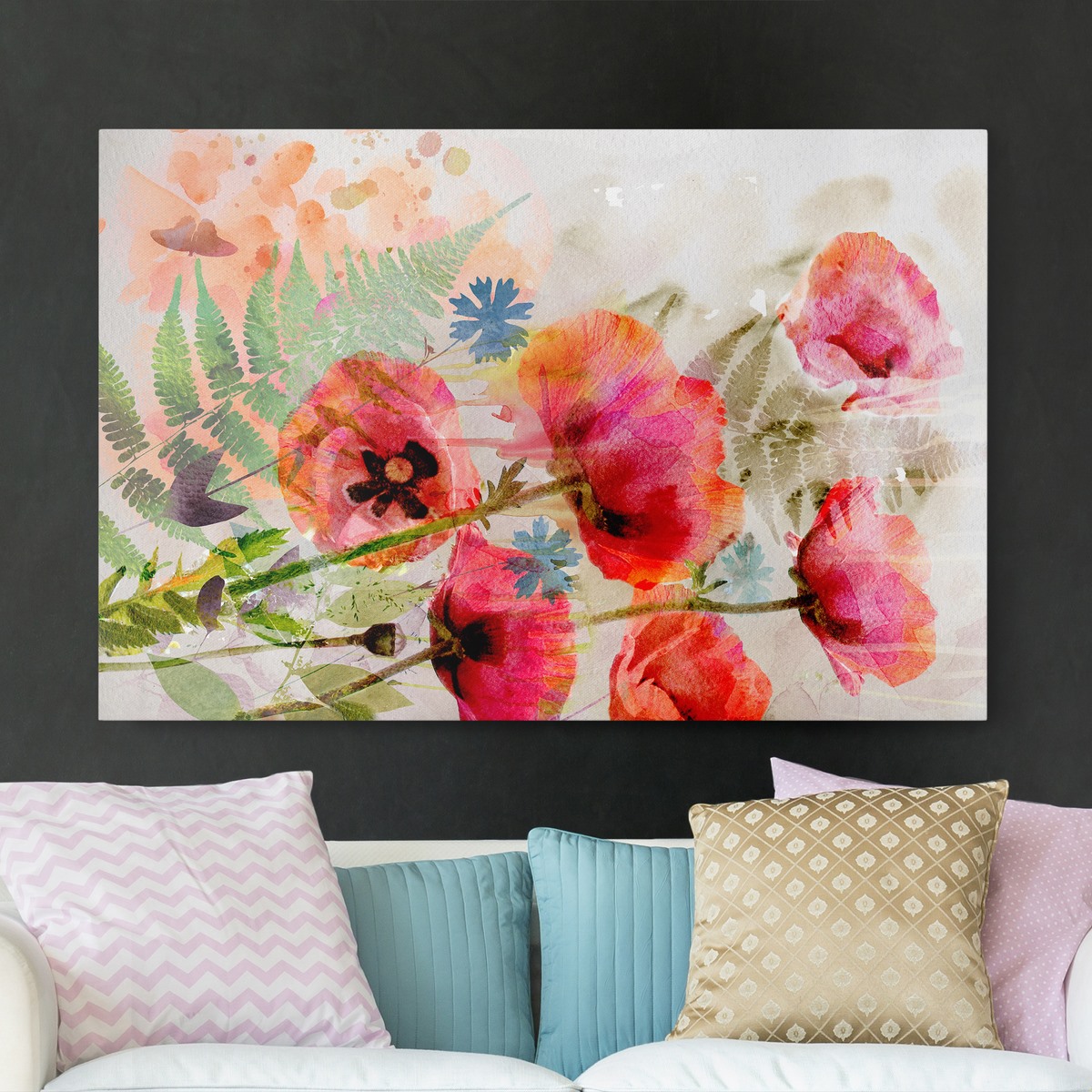 Leinwandbild - Querformat Aquarell Blumen Mohn