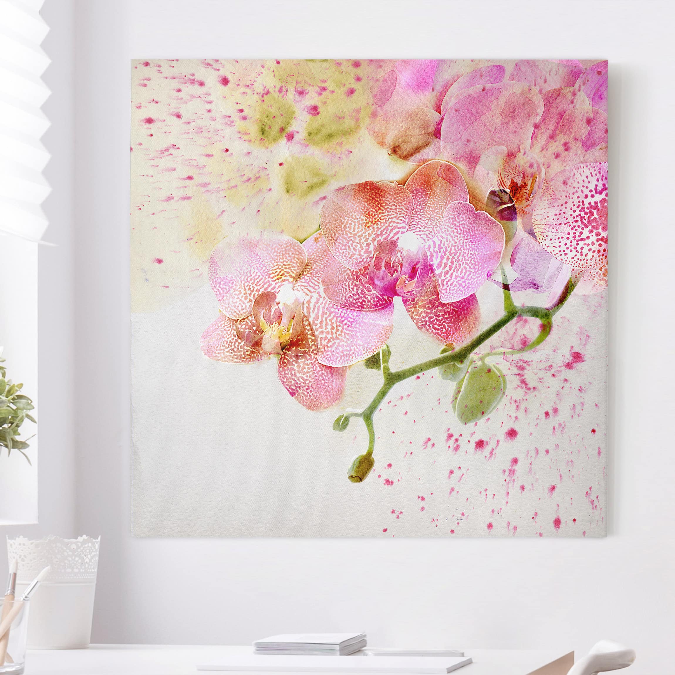 Leinwandbild - Quadrat Aquarell Blumen Orchideen