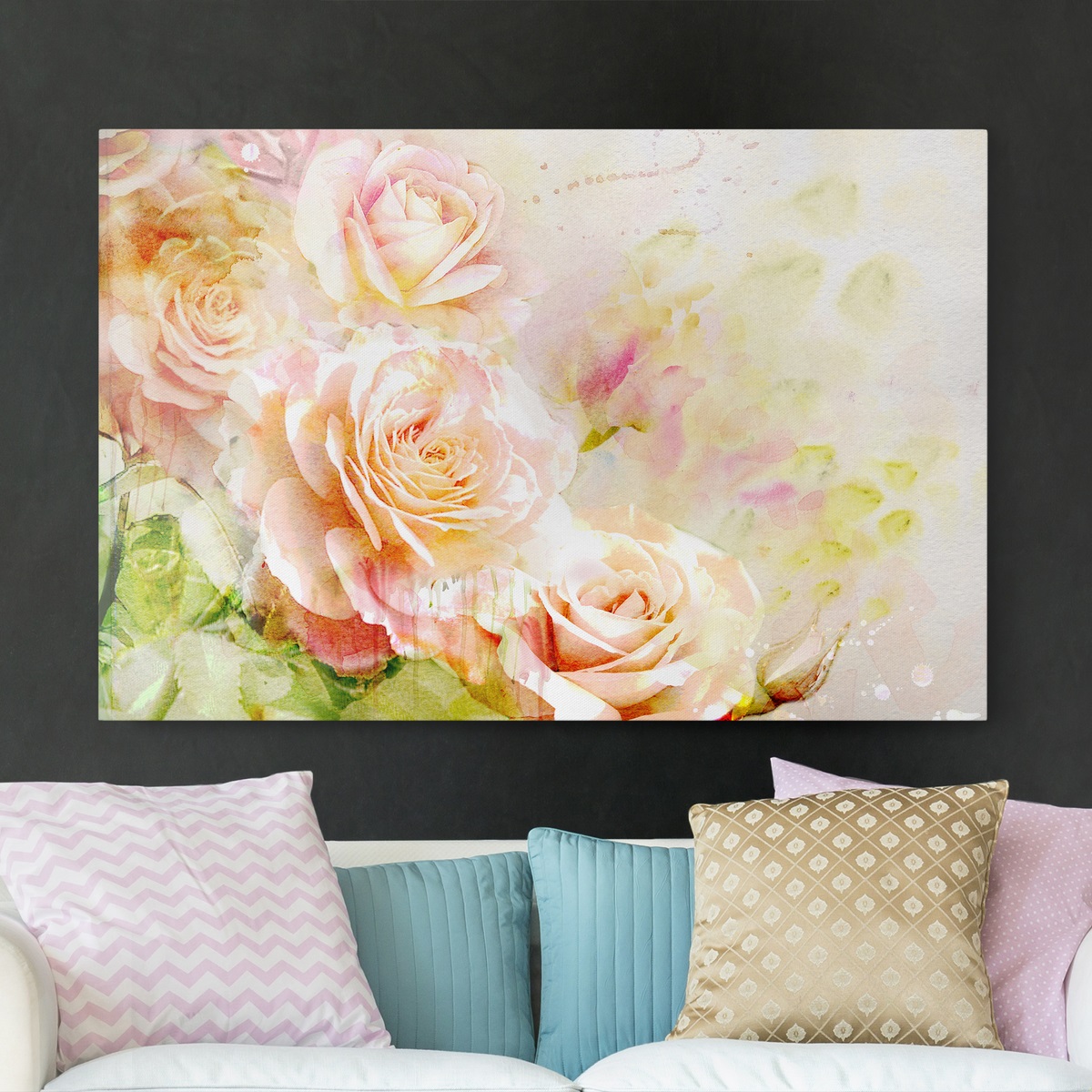 Leinwandbild - Querformat Aquarell Rosen Komposition