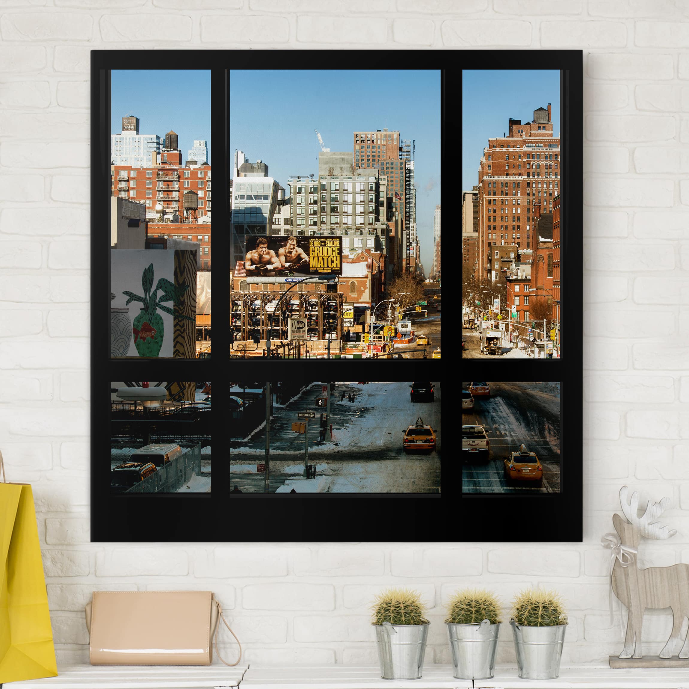 Leinwandbild - Quadrat Blick aus Fenster auf Straße in New York