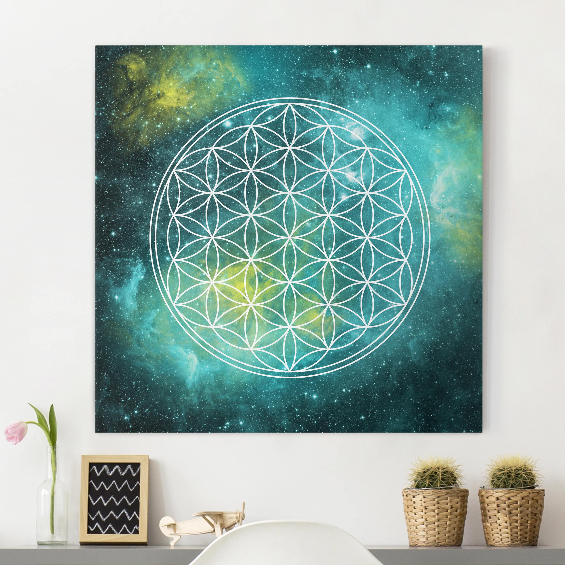 Leinwandbild - Quadrat Blume des Lebens im Licht der Sterne