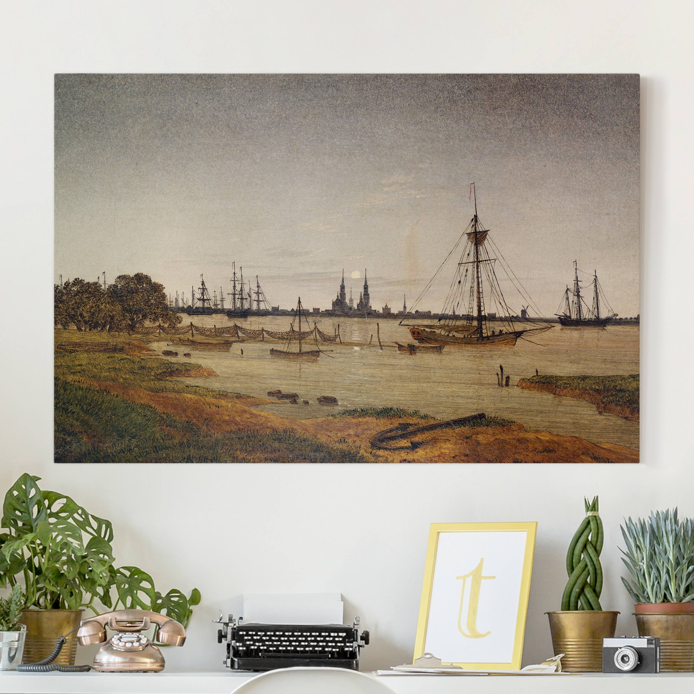 Leinwandbild Kunstdruck Caspar David Friedrich - Hafen bei Mondschein